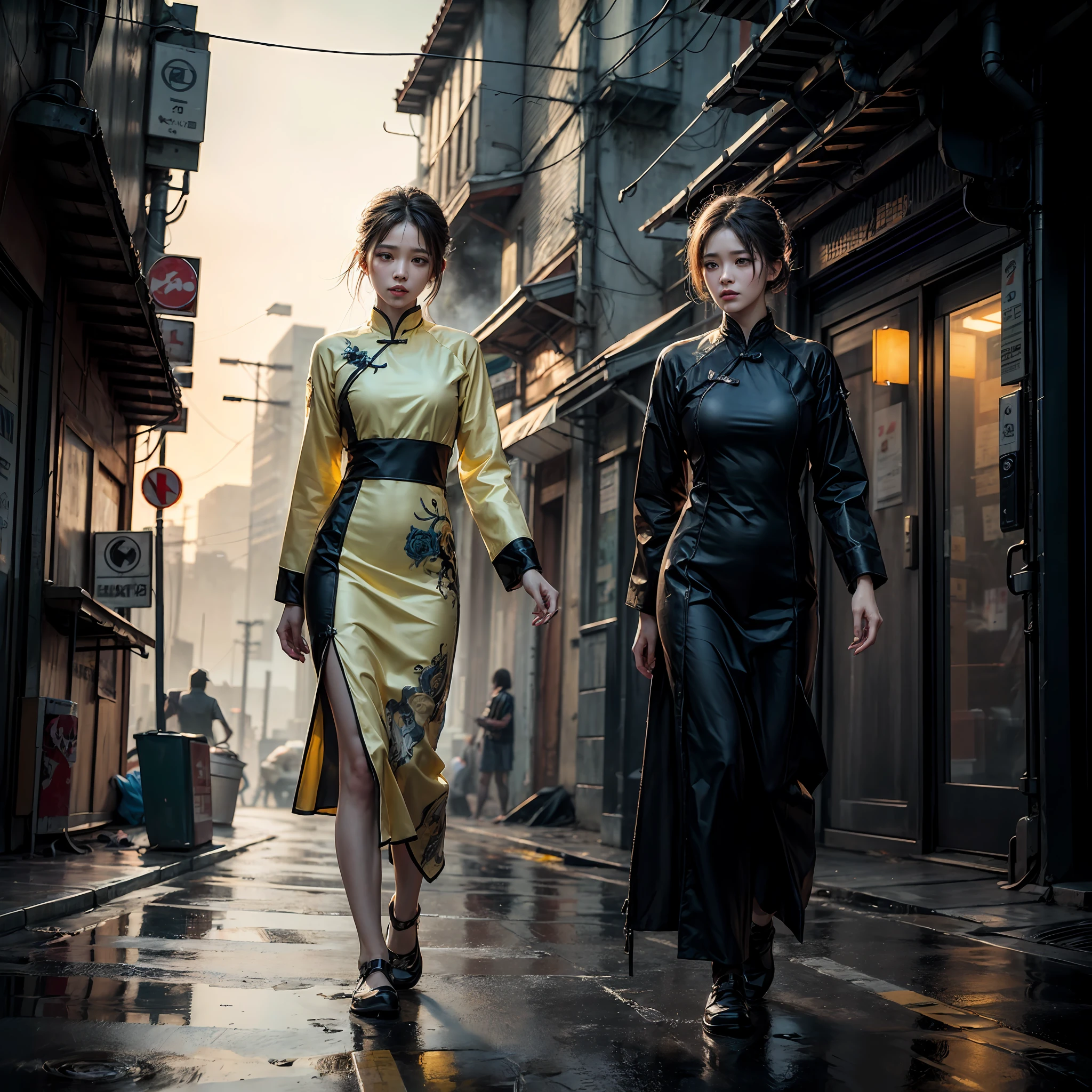 Aodai vietnam, street, cyberpunk, epic realistic, photo, faded, complex stuff around, intricate background, soaking wet, yellow colors, ((((hdr)))), ((((muted colors)))), intricate scene, artstation, intricate details, vignette