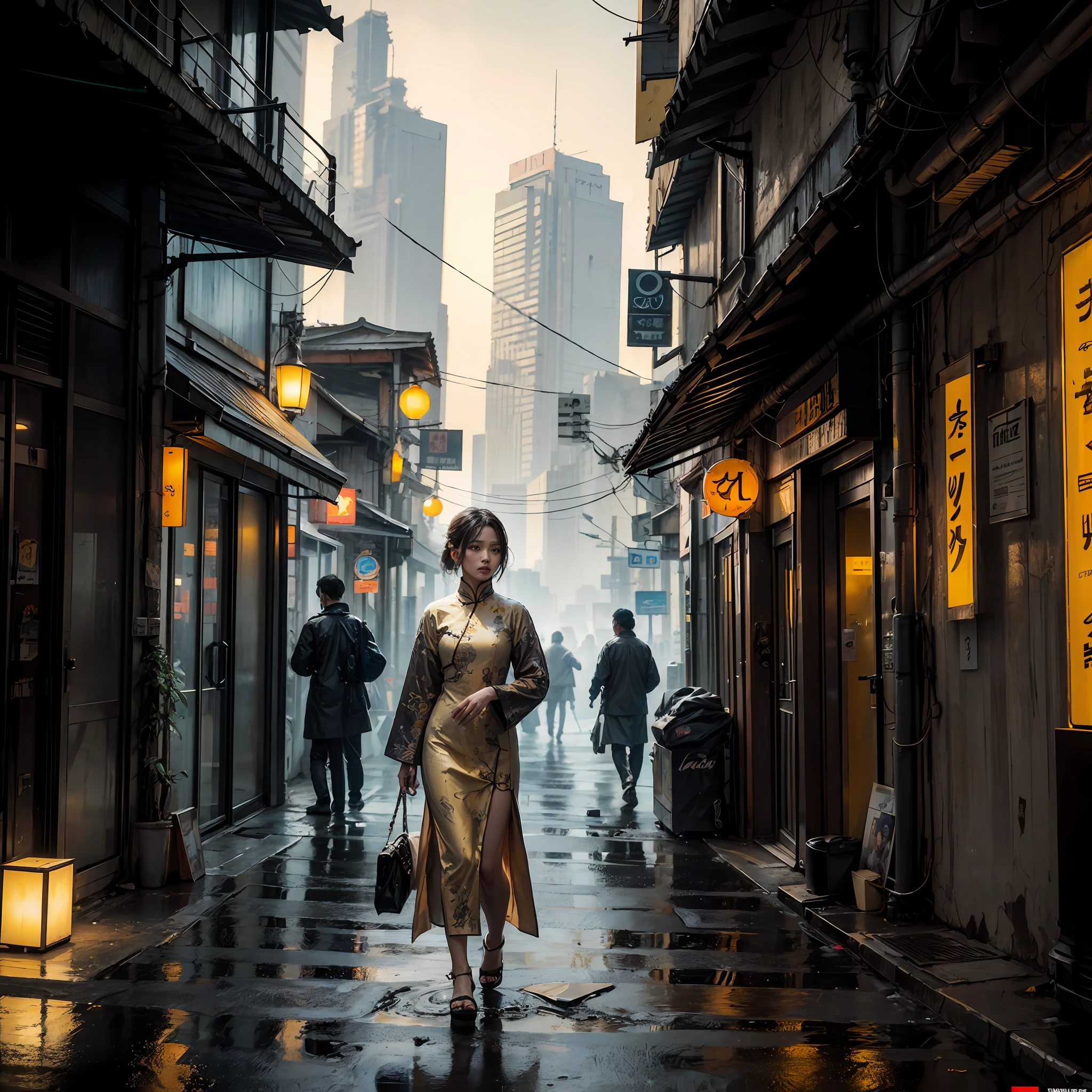 Aodai vietnam, street, cyberpunk, epic realistic, photo, faded, complex stuff around, intricate background, soaking wet, yellow colors, ((((hdr)))), ((((muted colors)))), intricate scene, artstation, intricate details, vignette