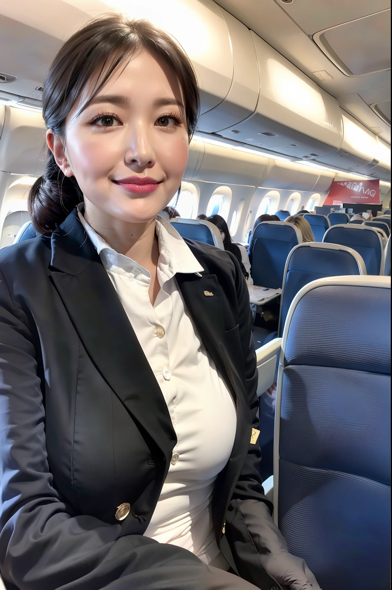 8K,32K, Best Quality , High Definition , Perfect Lighting , RAW Development , Beautiful Skin ,Audience Watch , POV ,1 Japan Beautiful Mature Woman (Huge Breasts, Perfect Body) Cabin attendant uniform, on plane, full body, big, slouching