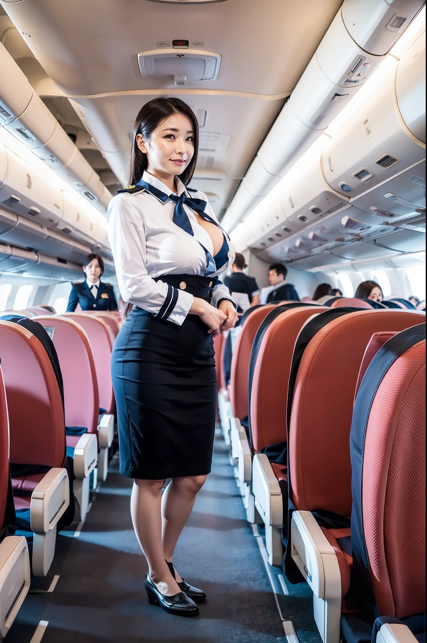 8K,32K, Best Quality , High Definition , Perfect Lighting , RAW Development , Beautiful Skin ,Audience Watch , POV ,1 Japan Beautiful Mature Woman (Huge Breasts, Perfect Body) Cabin attendant uniform, on plane, full body, big, slouching