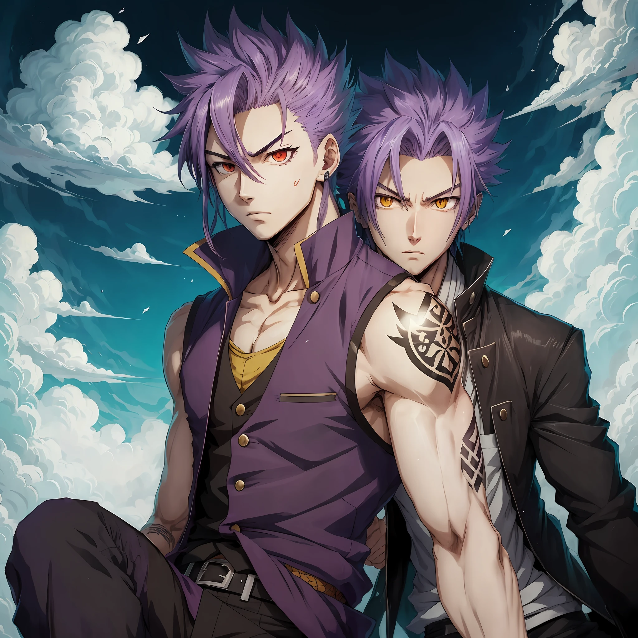 anime face with purple hair and a black vest sitting on a cloud, portrait of Hisoka hunter hunter, hisoka, ichigo kurosaki, Hisoka of Hunter × hunter, posing as a jojo character, akiyuki shinbou, anime character; Full body art, cute guy in Demon Slayer art, Kaisen jujutsu --auto