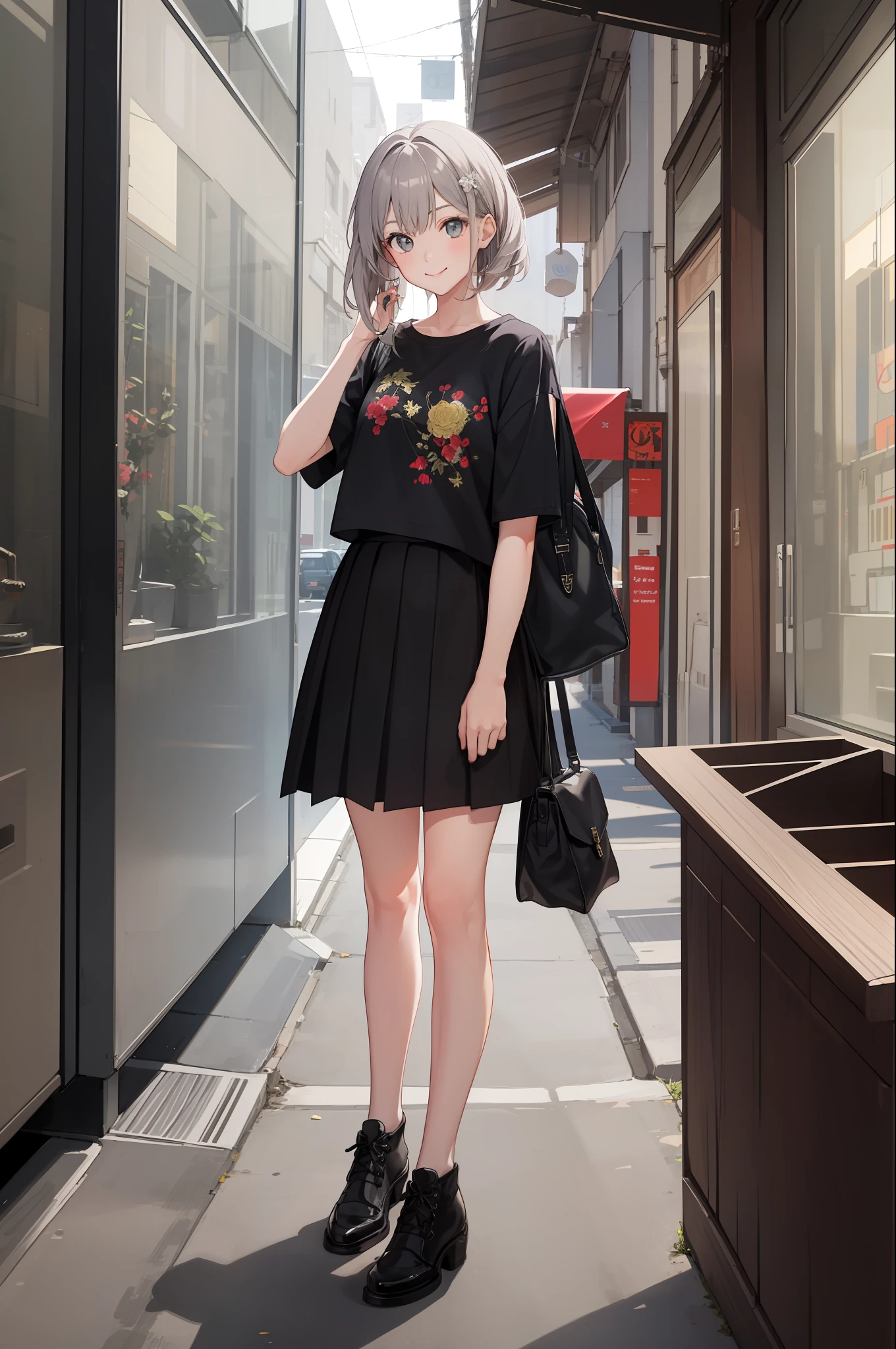 1 girl, smile, shirt, skirt, (small) chilarism, gray hair,