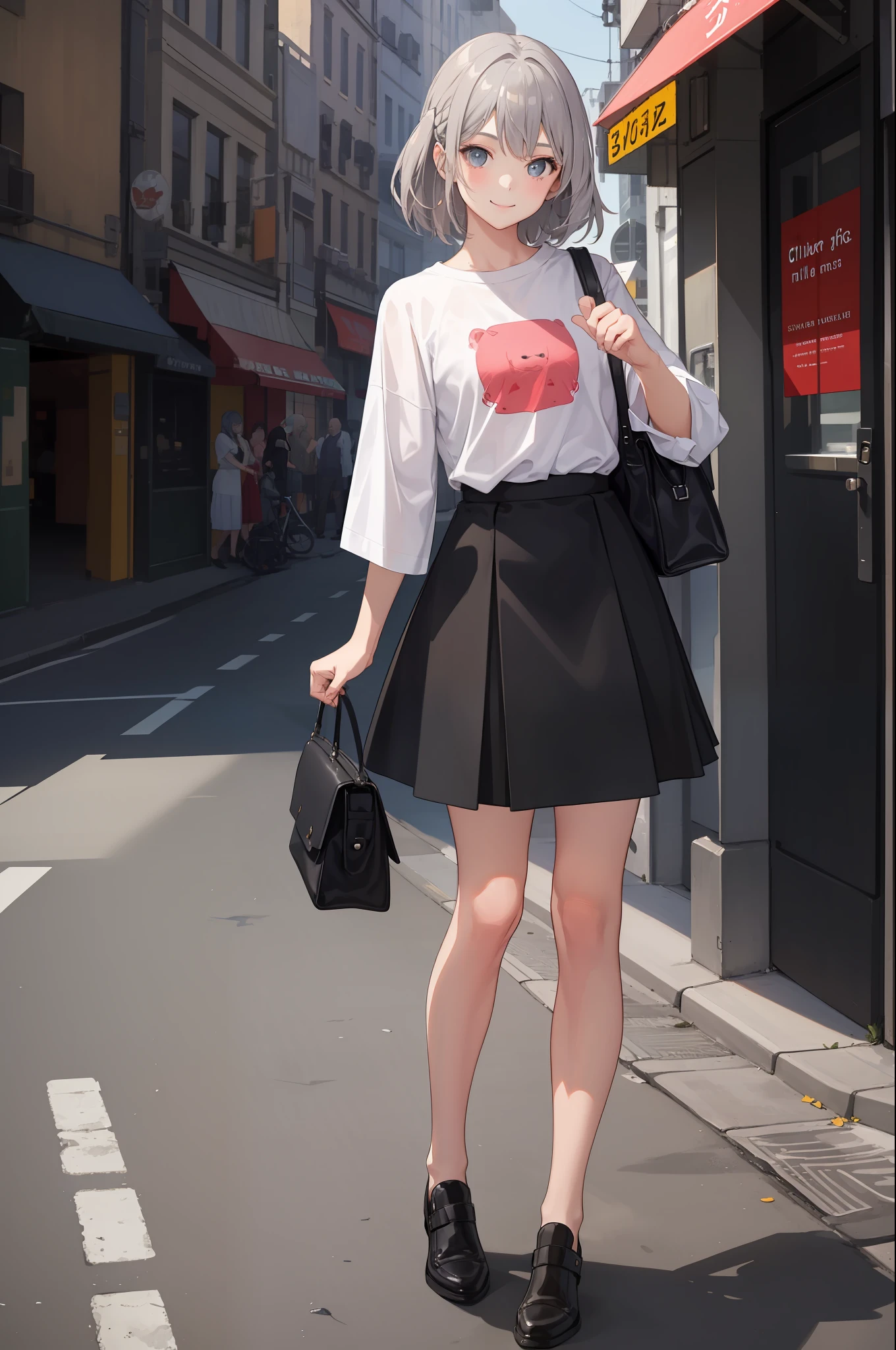 1 girl, smile, shirt, skirt, (small) chilarism, gray hair,