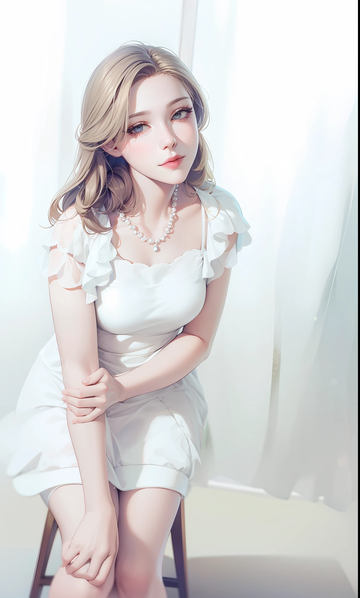 Long blonde woman in floral dress, sitting on a bar stool, half leaning over, wearing a pearl necklace, dim light