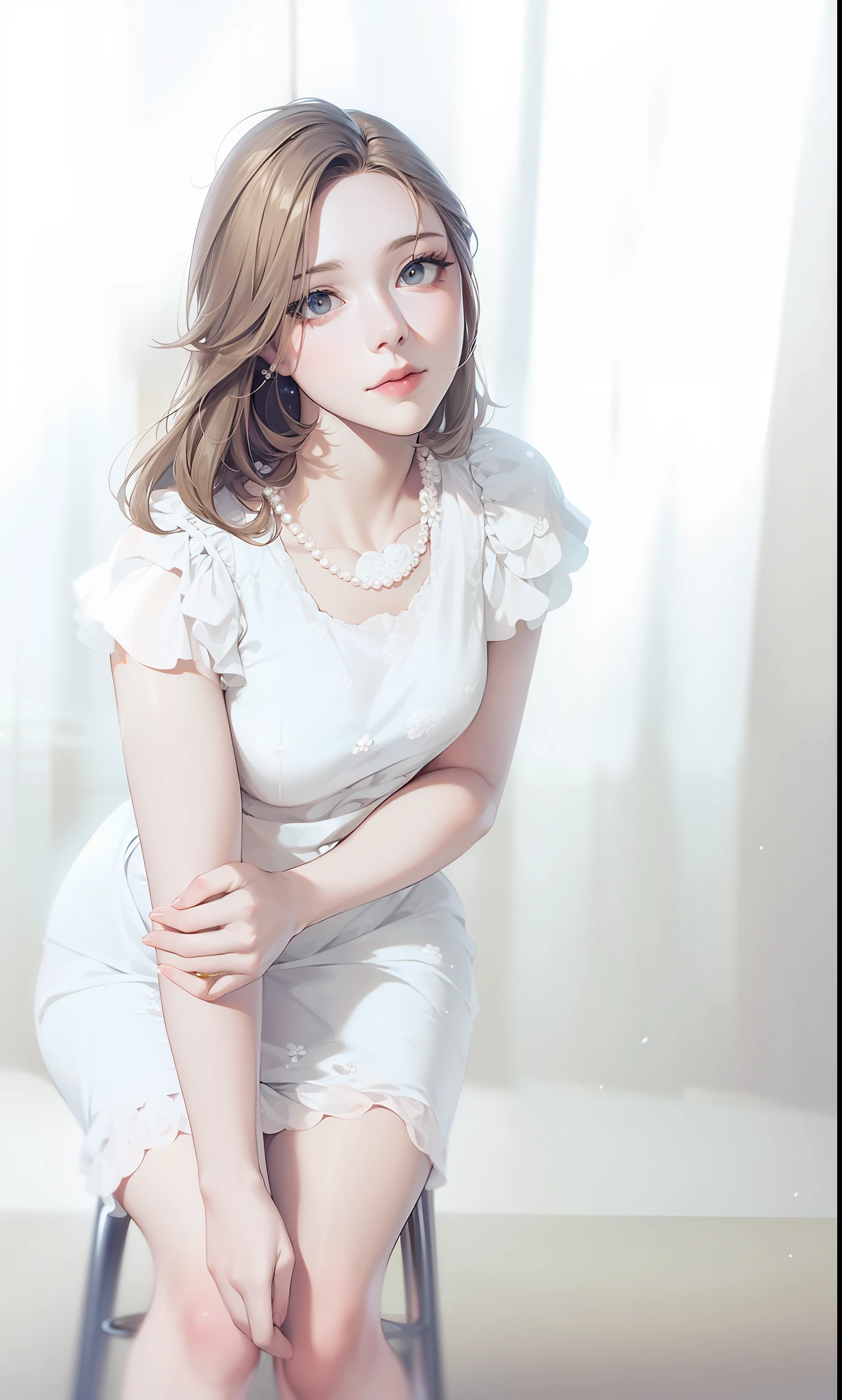 Long blonde woman in floral dress, sitting on a bar stool, half leaning over, wearing a pearl necklace, dim light
