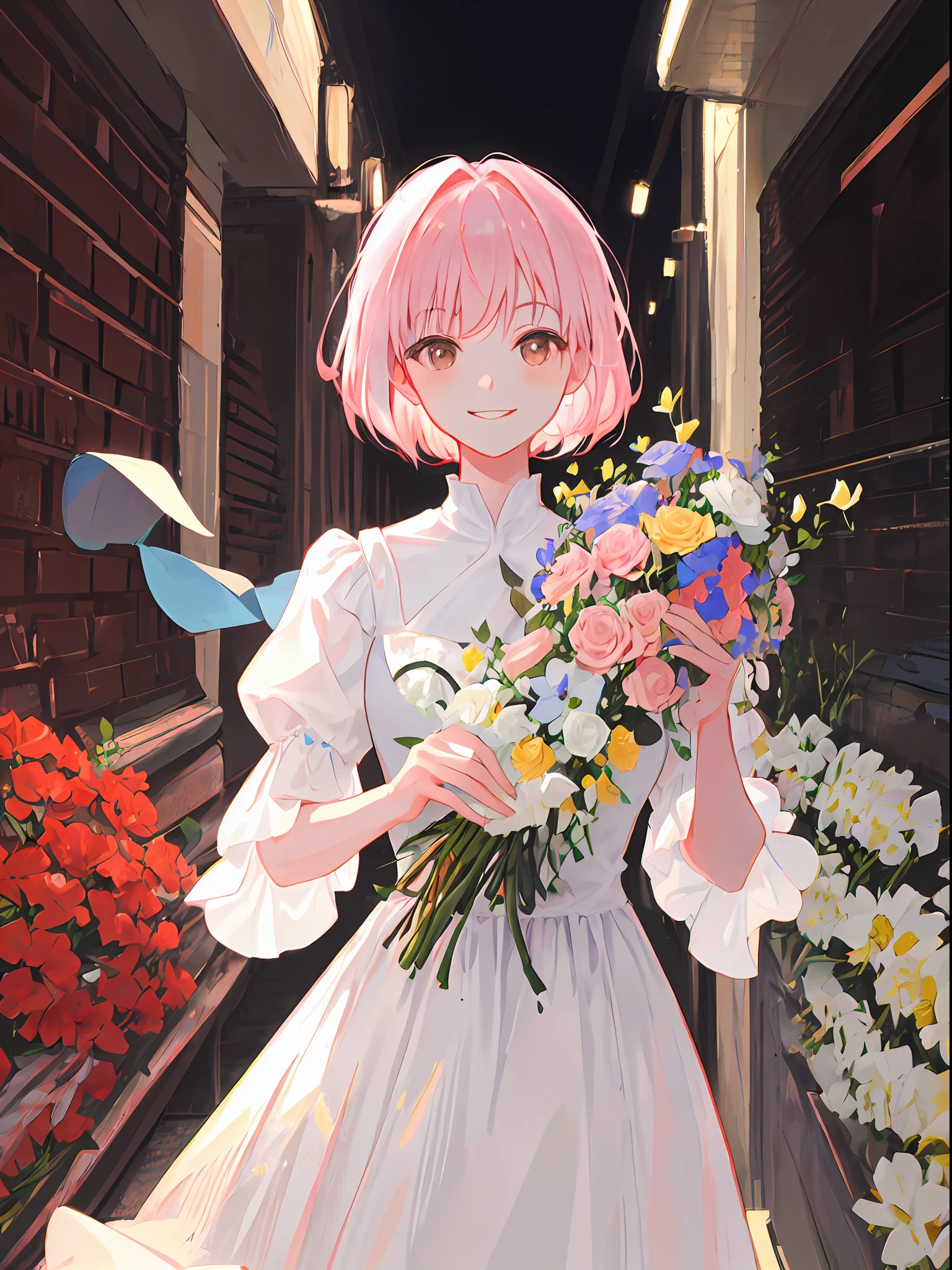 girl, pink hair, brown eyes, short cut, smiling, holding a bouquet, white dress, upper body