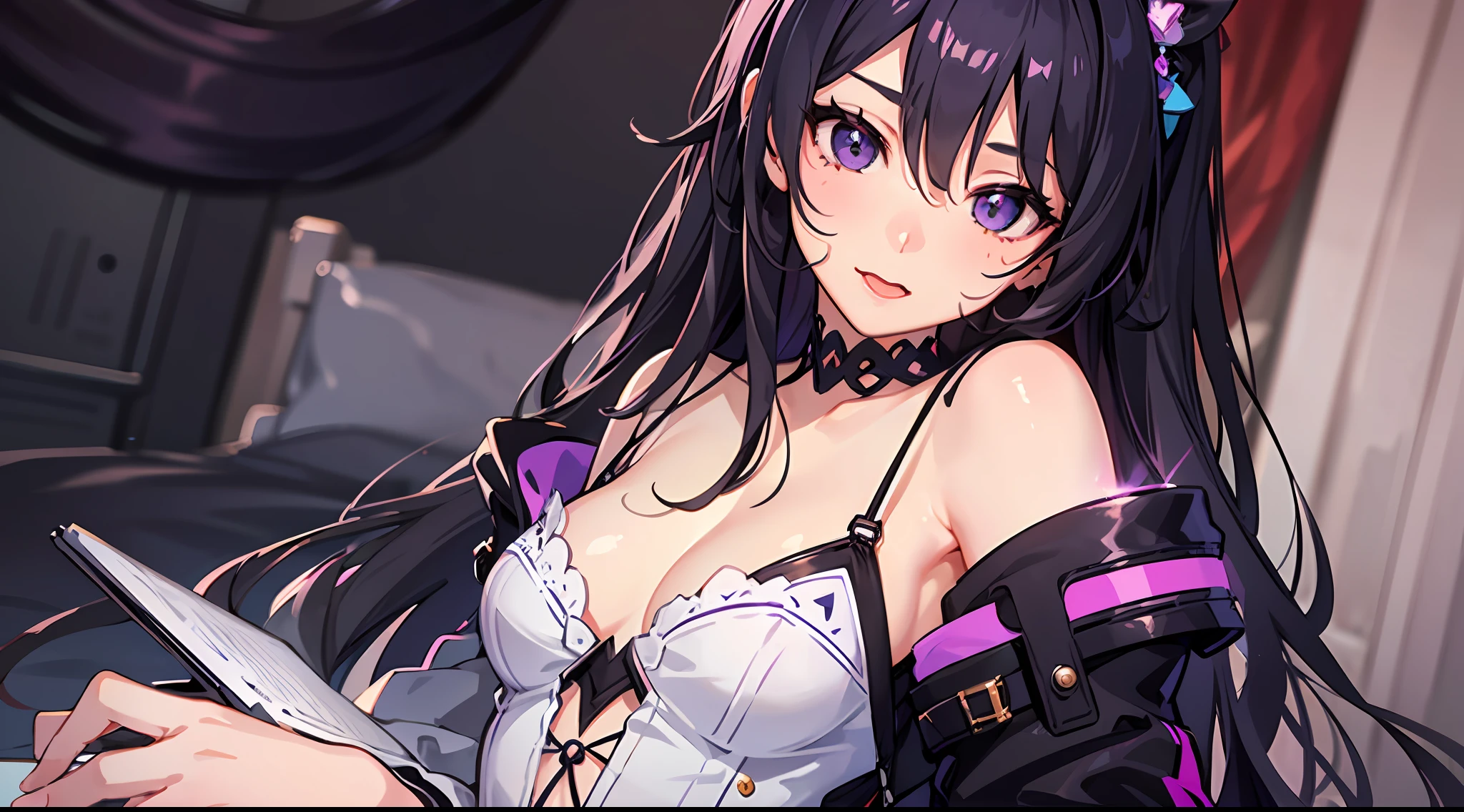 1girl, (fluffy purple-black long hair: 1.6), dress, mature and beautiful, rich and noble, sitting in the bedroom, upper body, pick up the phone, (looking at the phone screen: 1.6), lick the lips, super detailed CG, delicate facial features, clear facial expressions, detailed digital animation art, digital animation art, high quality anime art style