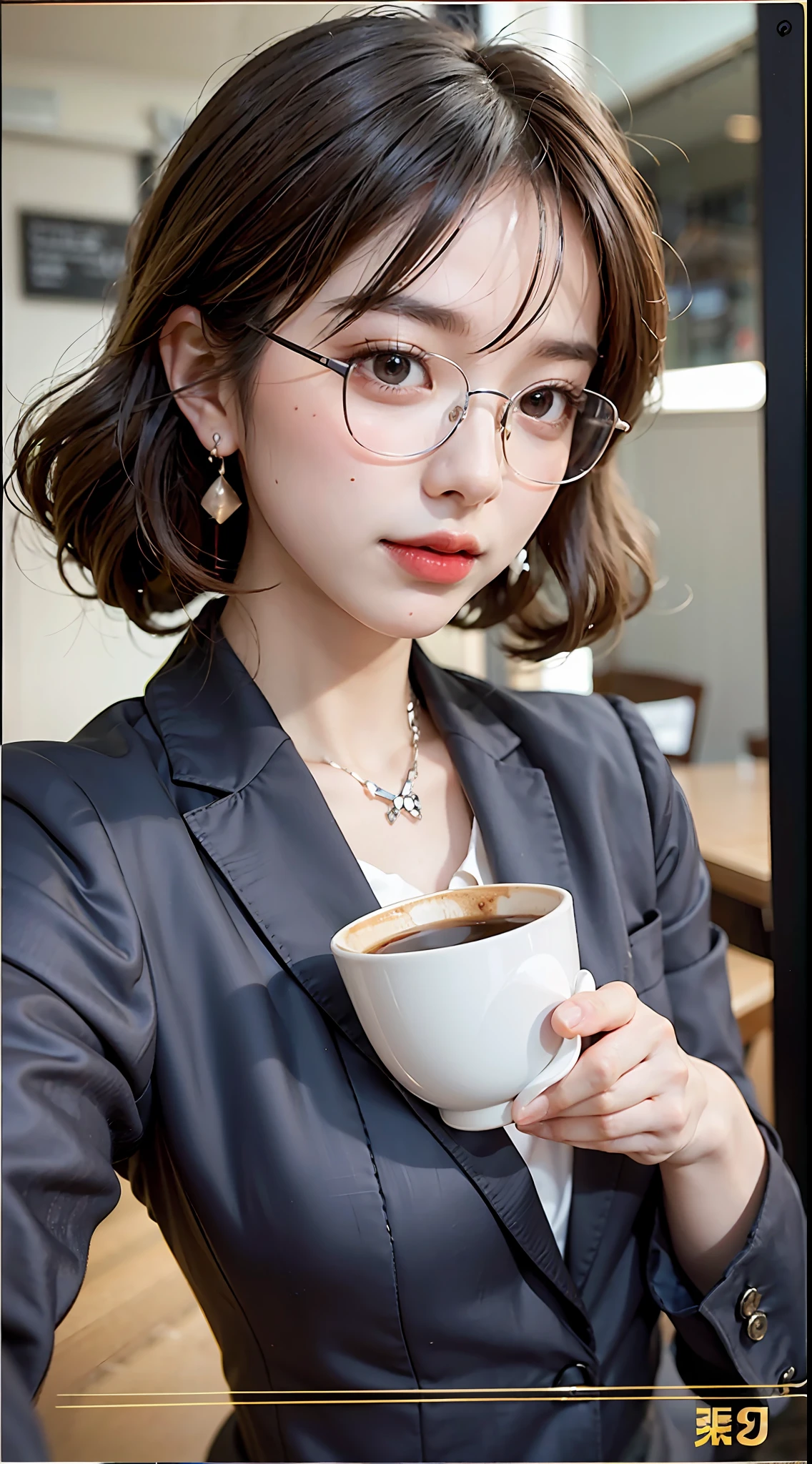 A Chinese beauty, ((in a well-tailored suit)), with a pair of slim heels, showing elegance and confidence, in a café, drinking coffee, eyes staring at the camera, coffee cup in hand, curly hair, kanzashi, bordered glasses, long eyelashes, amber eyes, crystal earrings, parted lips, hyperrealism, close up, f/4.0, 35mm, textured skin, ultra hd, ultra hd, retina, masterpiece, high resolution, best quality, 8k