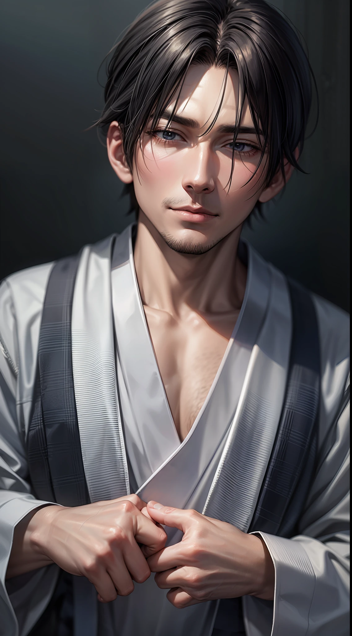 Thin man in shirt, 40 years old, Japanese anime style, at night, close-up, eyes blank, scum