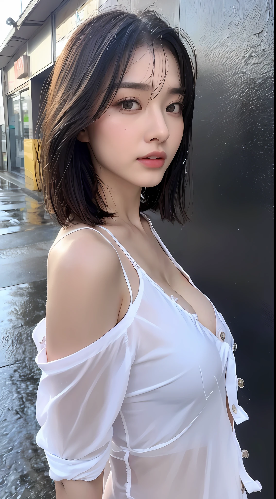 ((Best Quality, 8k, Masterpiece: 1.3)), Sharp Focus: 1.2, Beautiful Women with Perfect Bodies: 1.4, Slim Abdomen: 1.2, Big Buttocks, (((Layered Haircut, Large: 1.2)), (No Bra) (Small and Beautiful Hard (Thin Moist Buttons Up to Shirt Length: 1.1), (White Shirt Wet from Rain), (Rain, Street: 1.2), Wet Body: 1.1, Highly detailed face and skin texture, detailed eyes, double eyelids, sexy, white transparent body, exposed shoulders, cleavage, back view