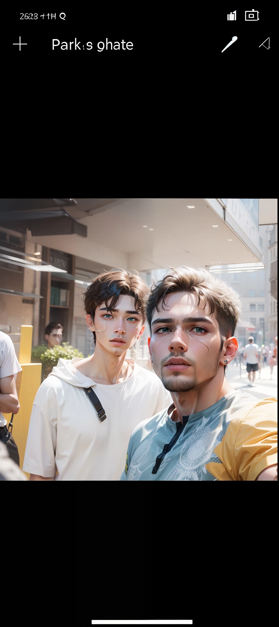 (absurdres, highres, ultra detailed, HDR), masterpiece, best quality, 1boy, solo, handsome, dark brown hair, finely eye and detailed face, black shirt, white shorts, (pale and white skin), look at viewer, ear piecing, park in background,deep green eyes detee