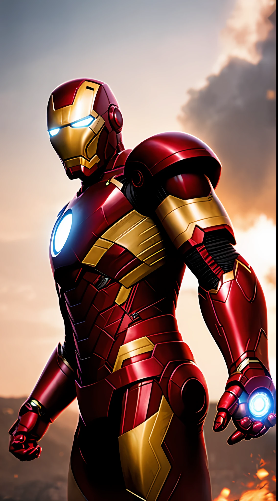 Marvel, Tony Stark, iron man suit (clasic colors), no helmet ((face visible)), realistically, dynamic lights, stubble, full shoot, (extremely detailed CG unity 8k), High Detail, Sharp focus, dramatic, photorealistic