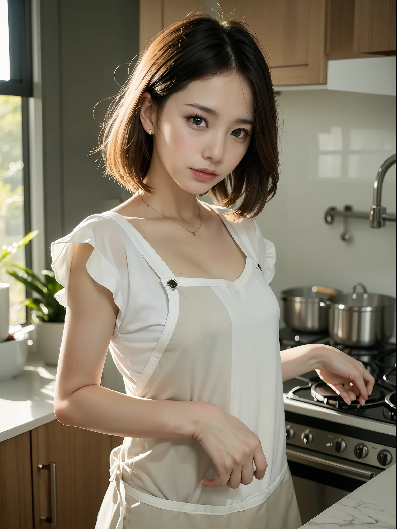 ((top quality, 8k, masterpiece: 1.3, raw photo)), Sharp Focus: 1.2, (1 aespa Girl: 1.2), (Realistic, Photorealistic: 1.37), (Face Focus: 1.1), Cute face, tenderness, small breasts, flat chest, short messy hair, cooking in a kitchen, apron, panties, white summer casual shirt, sunlight, cinematic lighting