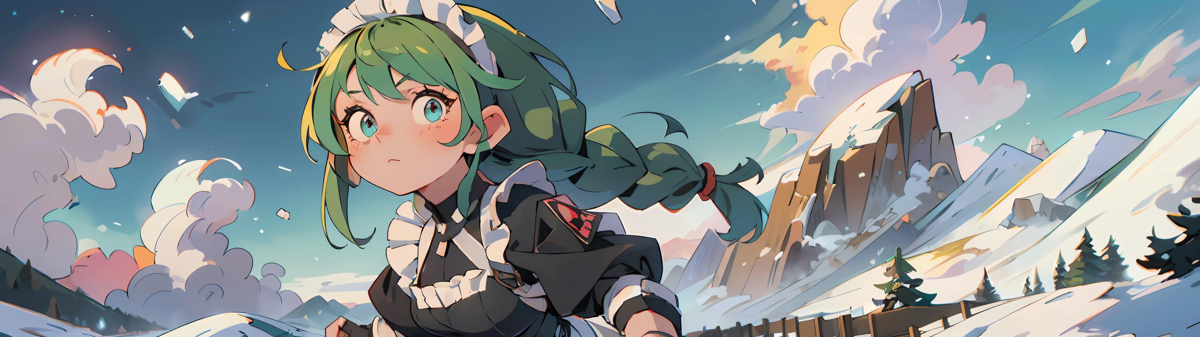 "(Ultra High Quality), (Ultra High Definition), Superb Masterpiece", "Girl with Green Hair in Braids: 1.3", "Black Maid Outfit, 140cm Tall, Beautiful Eyes", "(View) Alpine Peak", "Strong Wind, Snowstorm, Long Shot".