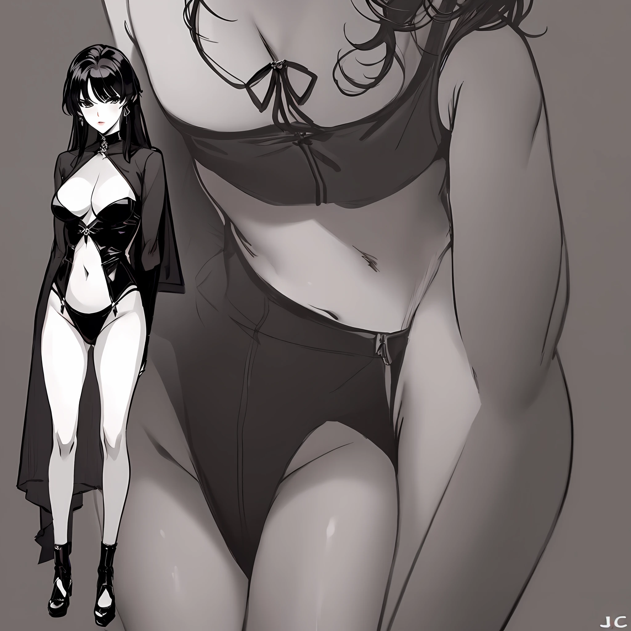 Anime Art, Full Body Movement, Sexy Woman in Black, Soprano Woman, Very Cool Facial Expression, Gorgeous Background, Great Erotic Art, Line Art, Sexy Art, Detailed Body Part Details, J.C. Leyendecker