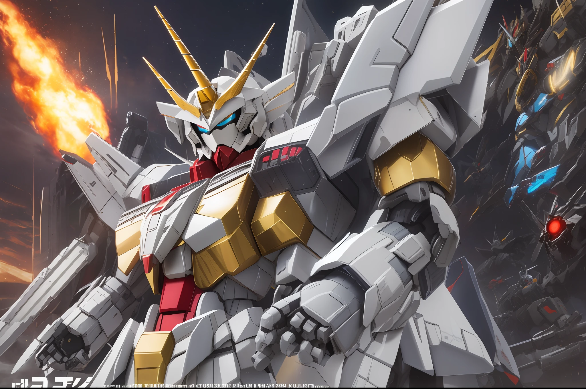 a close up robot Gundom, 4794 marking on right shoulder, 923 label on left shoulder, key art anime sharp focus, heavy white and golden armor, anime bullet vfx, tornwing, action poses with weapons, arknights, gundam wing style armor, a unicorn, by featured on ign, use rule of thirds, kitbashing