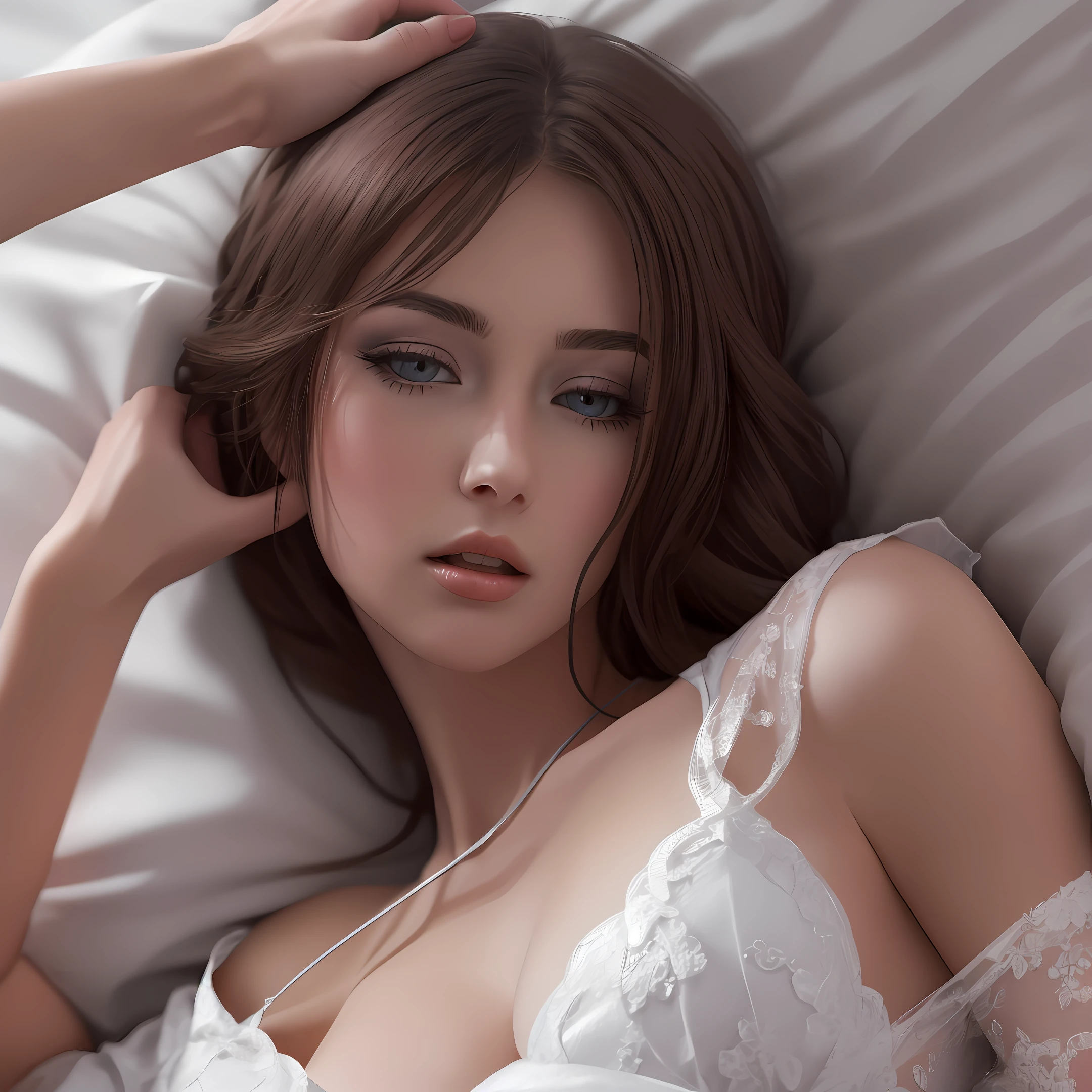 (extremely detailed 8k wallpaper), extremely beautiful woman was thrown down on the bed by a boy, showing shyness