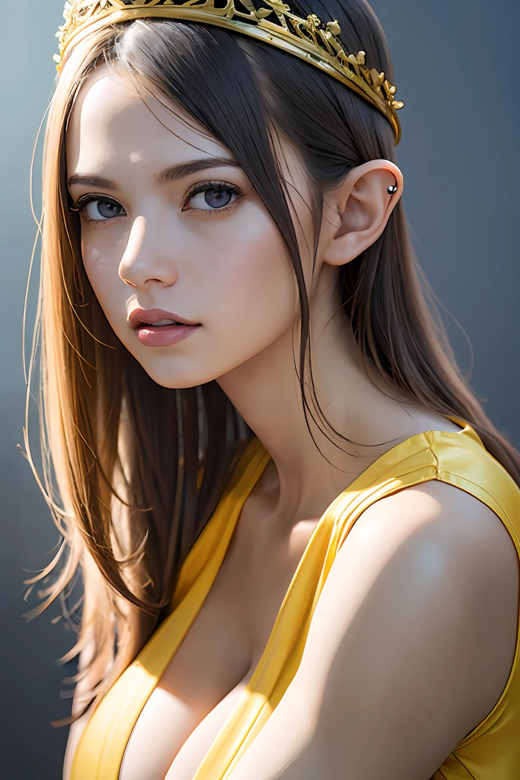 Ultra-detailed complex 3D rendering of face, (Colossal: 8.8), (masterpiece, top quality, octane rendering, 8K), glamour shot full body image, very beautiful young elf, cleavage, (very detailed skin: 1.2), (exposure: 1.1), blonde, ((wearing a plummeted open shirt of yellow silk: 1.5)), beautiful Caucasian woman with full soft breasts and white skin with big ass, 1 person, long braided hair, big breasts, dynamic angle, mystical expression, ultra-realistic photos, (((((portrait))), bare feet, futuristic urban background, facial muscles, detailed and beautiful queen crown, in the style of Marvel Comics, ArtStation trends, clear focus, studio photography, intricate details, very detailed, detailed red eyes, very detailed, Sharp Focus, Digital Rendering, Professional, Abs, Dark Grey Background, Shot with Canon EOS R 6, ((Sexy Pose)))), Seductive look, legs open with thighs,