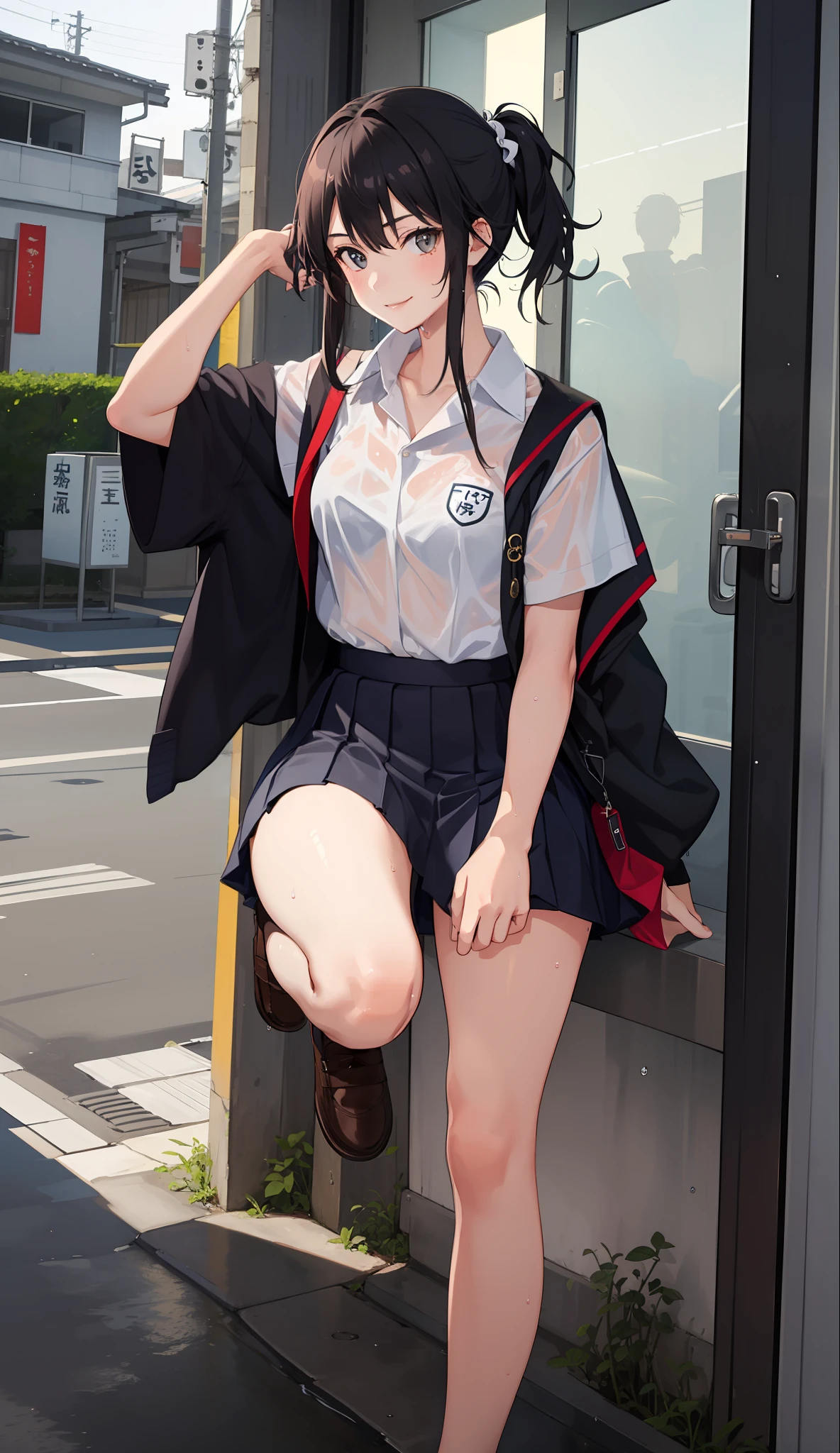 1 girl, smile, shirt, skirt, (small) chiralism, Japan high school school uniform, seravuk, summer clothes, squall-wet uniform, sheer bra, (portrait from knee up),