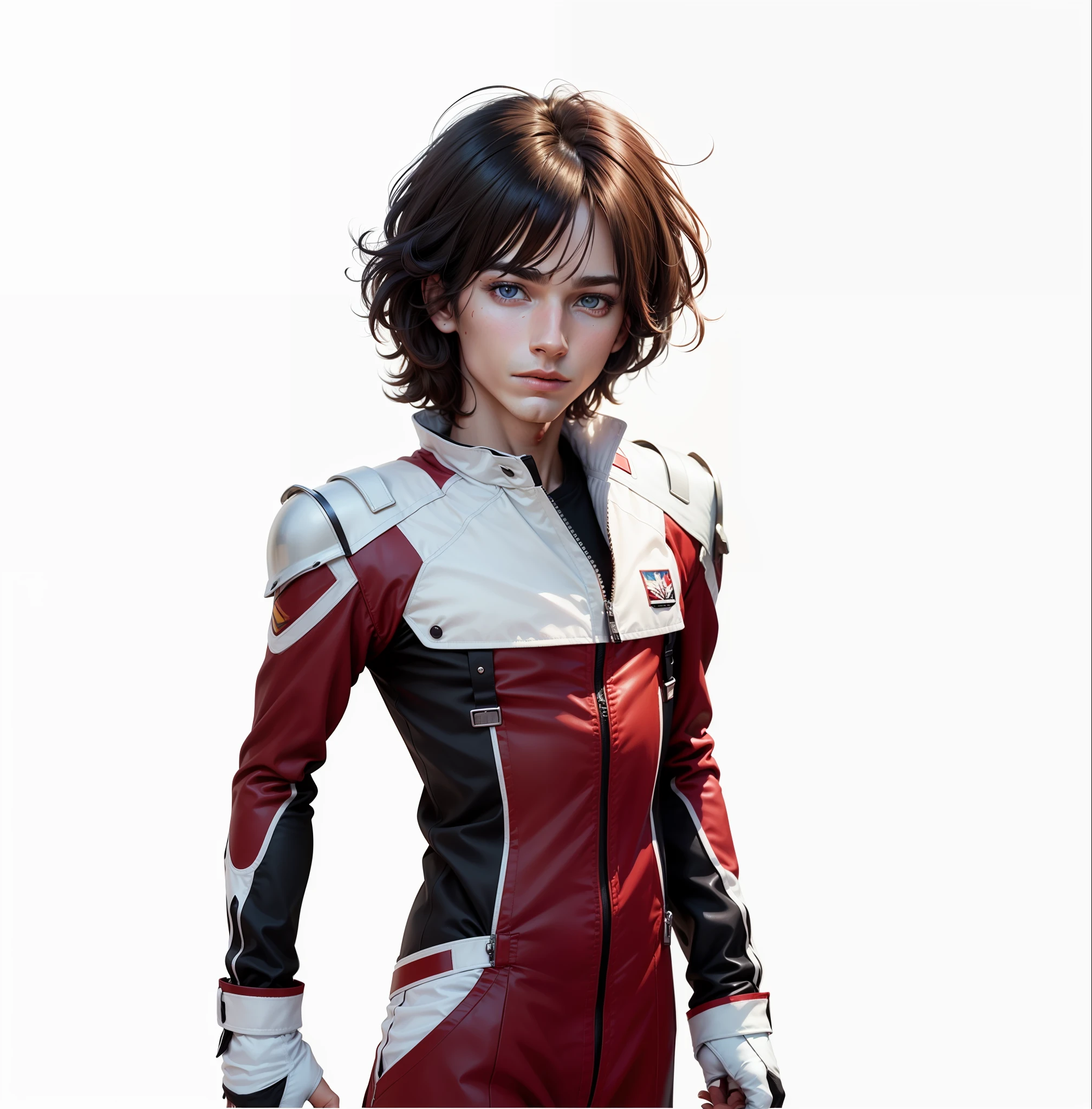 Best quality, masterpiece, ultra high res, (photorealistic:1.4) a (male:1.4), (caucasian:1.4), detailed skin, detailed eyes, shiny skin, middle parted hair, suit pilot red white black, short hair,