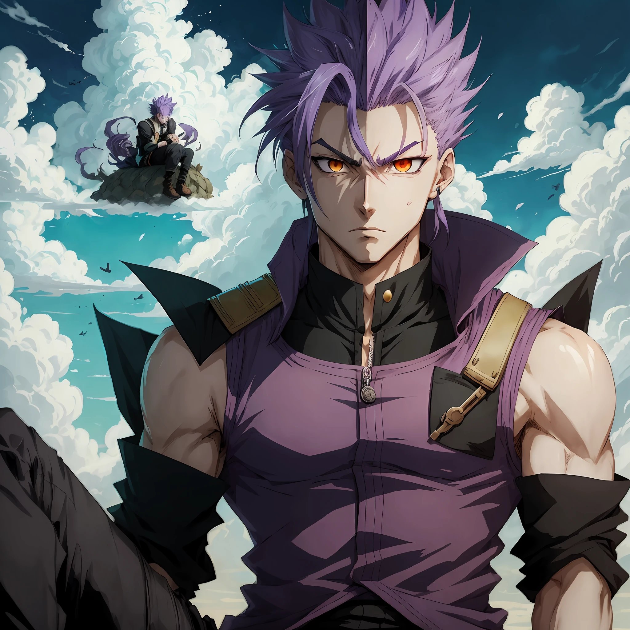 anime face with purple hair and a black vest sitting on a cloud, portrait of Hisoka hunter hunter, hisoka, ichigo kurosaki, Hisoka of Hunter × hunter, posing as a jojo character, akiyuki shinbou, anime character; Full body art, cute guy in Demon Slayer art, Kaisen jujutsu --auto