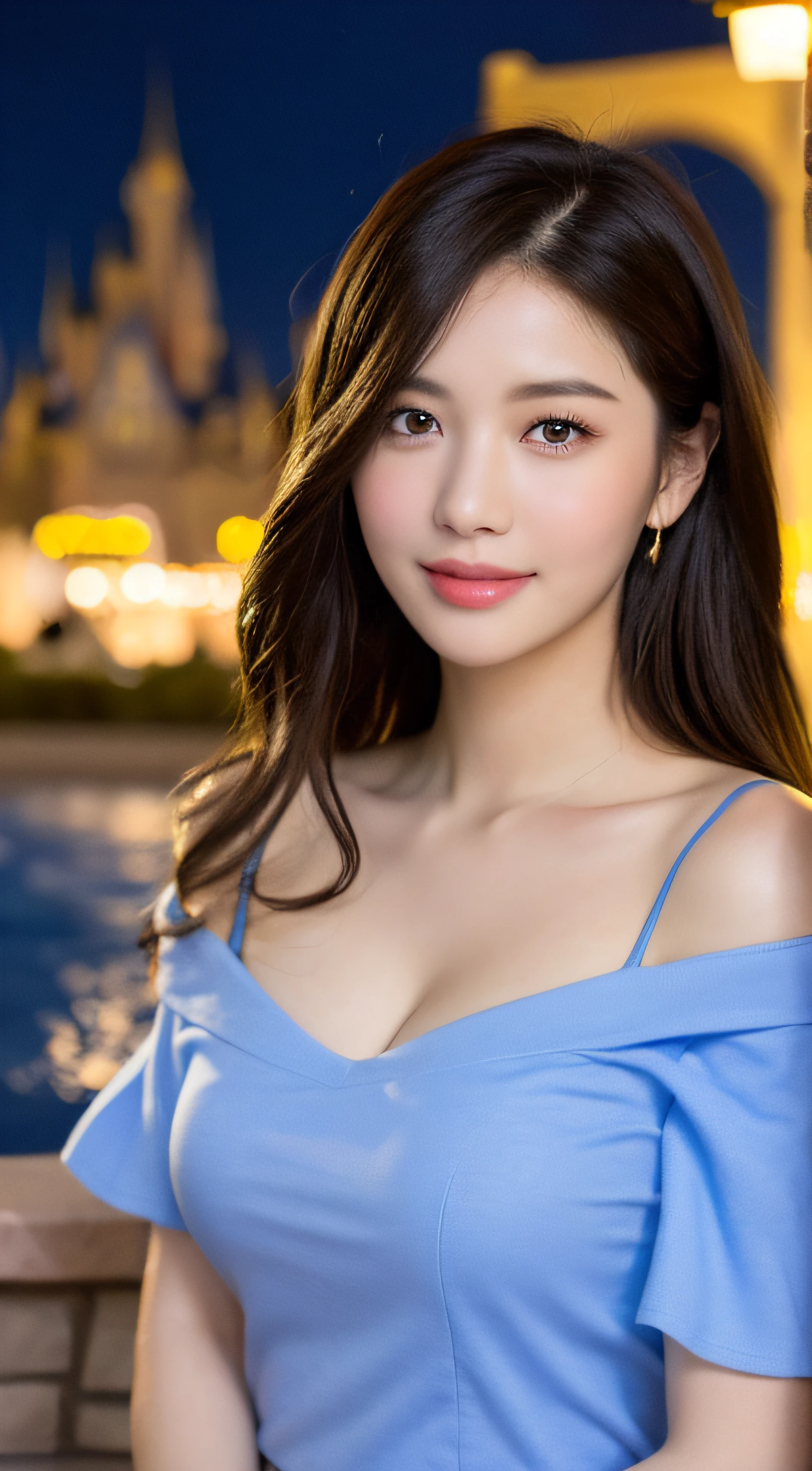 ((Night Scene, Realistic Light, Best Quality, 8k, Masterpiece: 1.3)), 1 Girl, Slim Body Beauty: 1.4, Brown Hair, (Big: 1.3), Off Shoulder Cut Top: 1.3, Ultra Detailed Face, Detailed Eyes, Double Eyelids, Disneyland, Fountain, Castle, Fireworks, Smile, Cleavage, Saggy