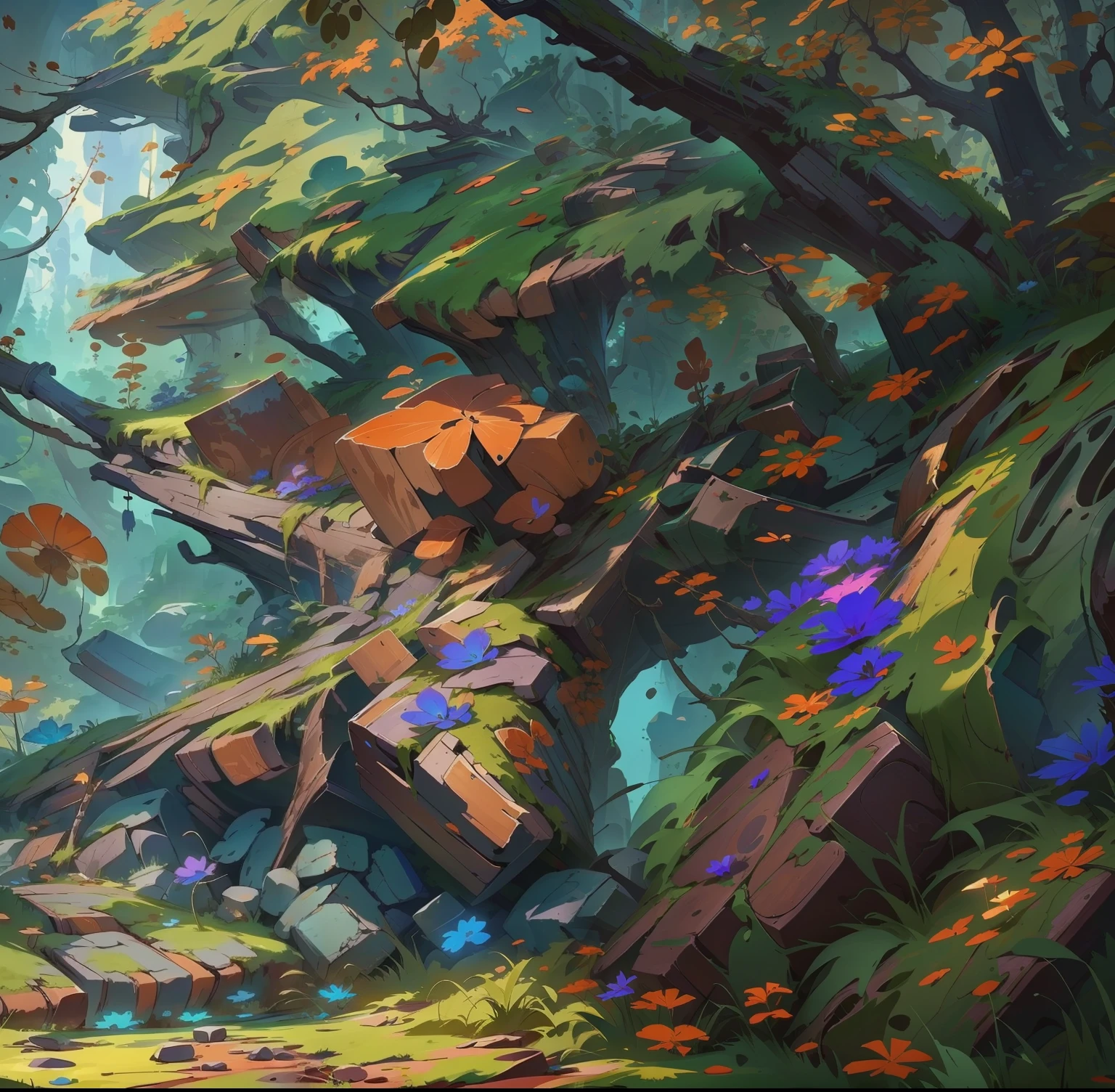 There is a picture of deep in the woods, detailed big tree trunk, trunk texture and moss, drawn as game concept art, background art, background artwork, 2D game environment design, 2D game art background, drawn in anime painter studio, stylized concept art, anime background art, independent game concept art, colorful concept art, landscape game concept art, digital painting concept art