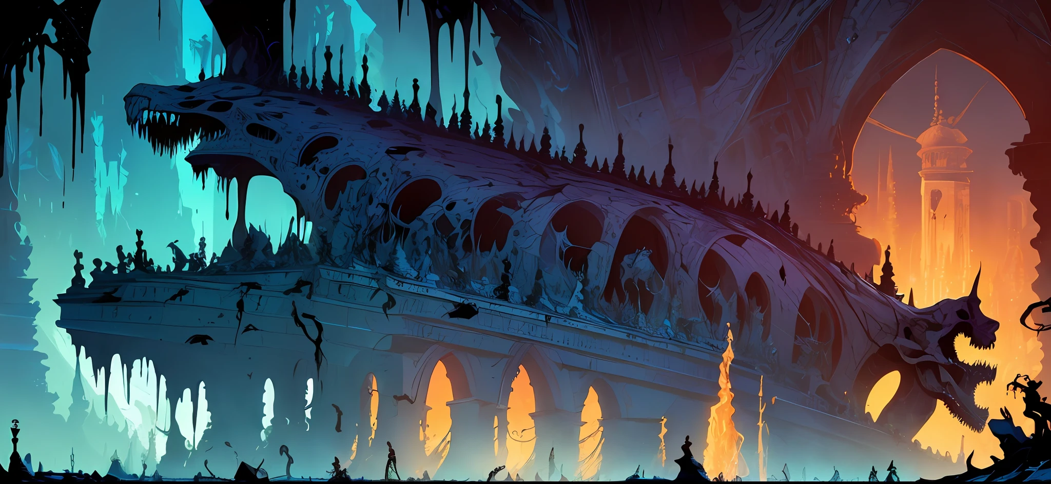 (Masterpiece, Best Quality, 8K) Hell Scene, Palace, River Struggling Undead, Breath of Death, Skeleton Monster, Horror, Cosmic Horror, Dark Tones, Blood, by Kilian Eng