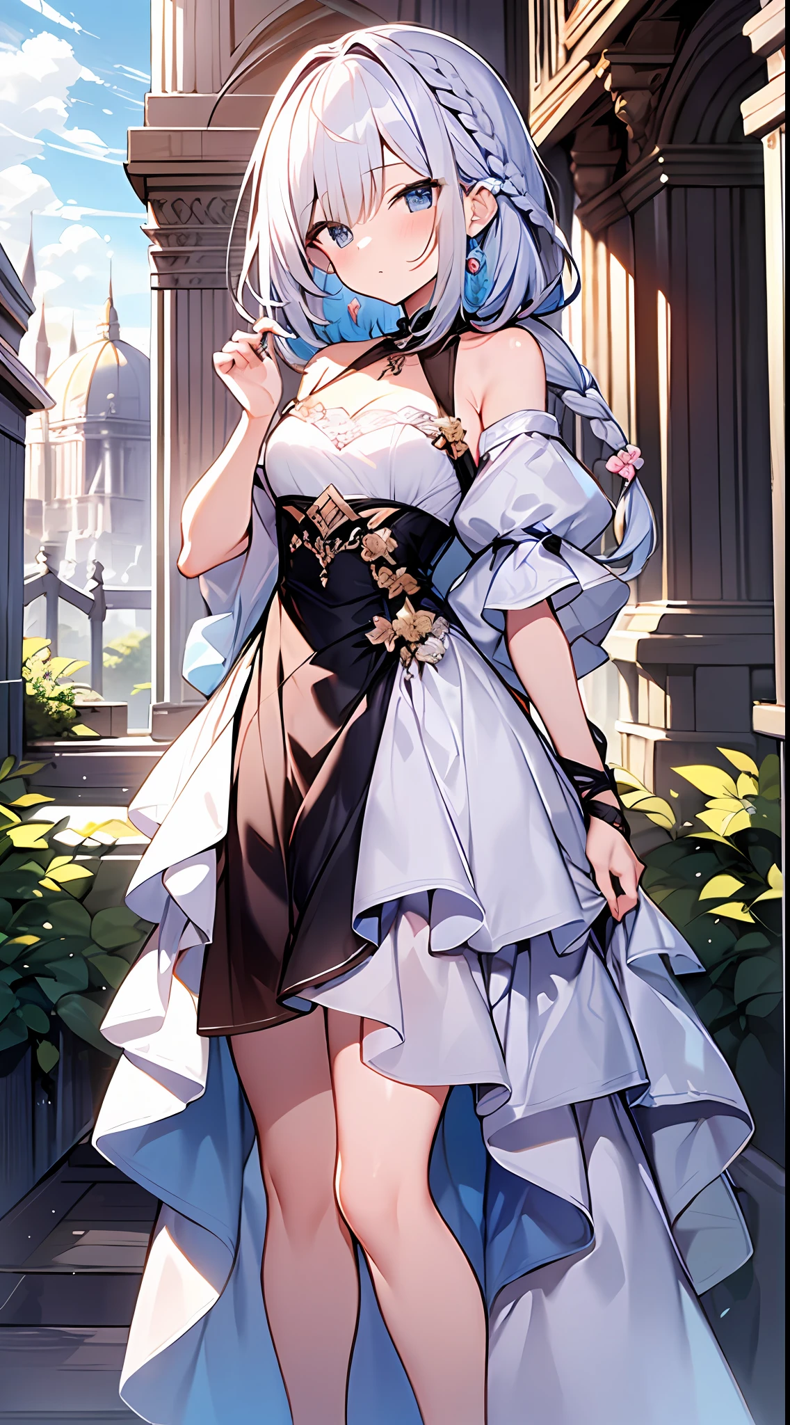 (incredibly absurdres absolutely resolution: 1.5), highest quality, masterpiece, ultra high resolution, 8k, (multiple girls), (gorgeous dresses with many gorgeous and colorful decorations) BREAK shoujo manga style, (loli), soft line drawing, digital enhancement, shojo manga touch, environmental change scenes, shojo manga core, ( Hair length to the shoulders))), (((short braid))), ancient capital of the West, full body visible angle, entangle, beautiful and aesthetic: 1.5, High quality: 1.3