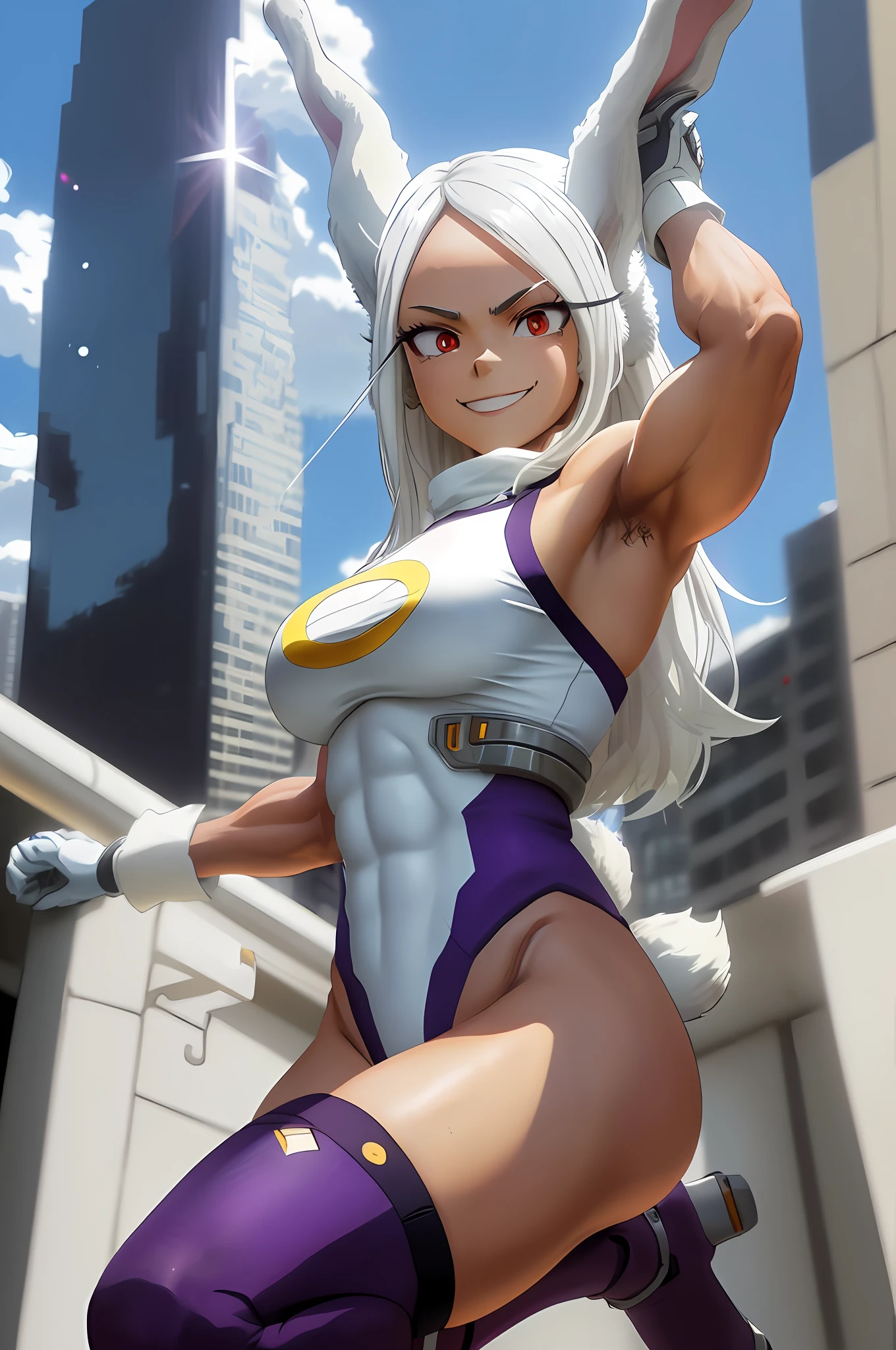 [Miruko; Boku no hiro academia], ((solo portrait)), ((High definition)), ((anime)), ((Kohei Horikoshi)), ((raytracing)), ((detailed shading)), ((cinematic lighting)), ((beautiful 2D art)), ((wallpaper)), {Miruko; (tanned skin, maroon eyes, long white hair, long white bunny ears, small fluffy white bunny tail, maroon eyes, large boobs), (white leotard; yellow crescent moon on chest, purple lining, grey plating, hero costume, white gloves), (purple thigh highs), (grey metal prosthetic feet), (smug smile), (athletic body; defined abs, defined leg muscles, defined arm muscles), (thicc)}, (looking at viewer, dynamic pose)), [Background; (outside daytime; city; skyscrapers)]