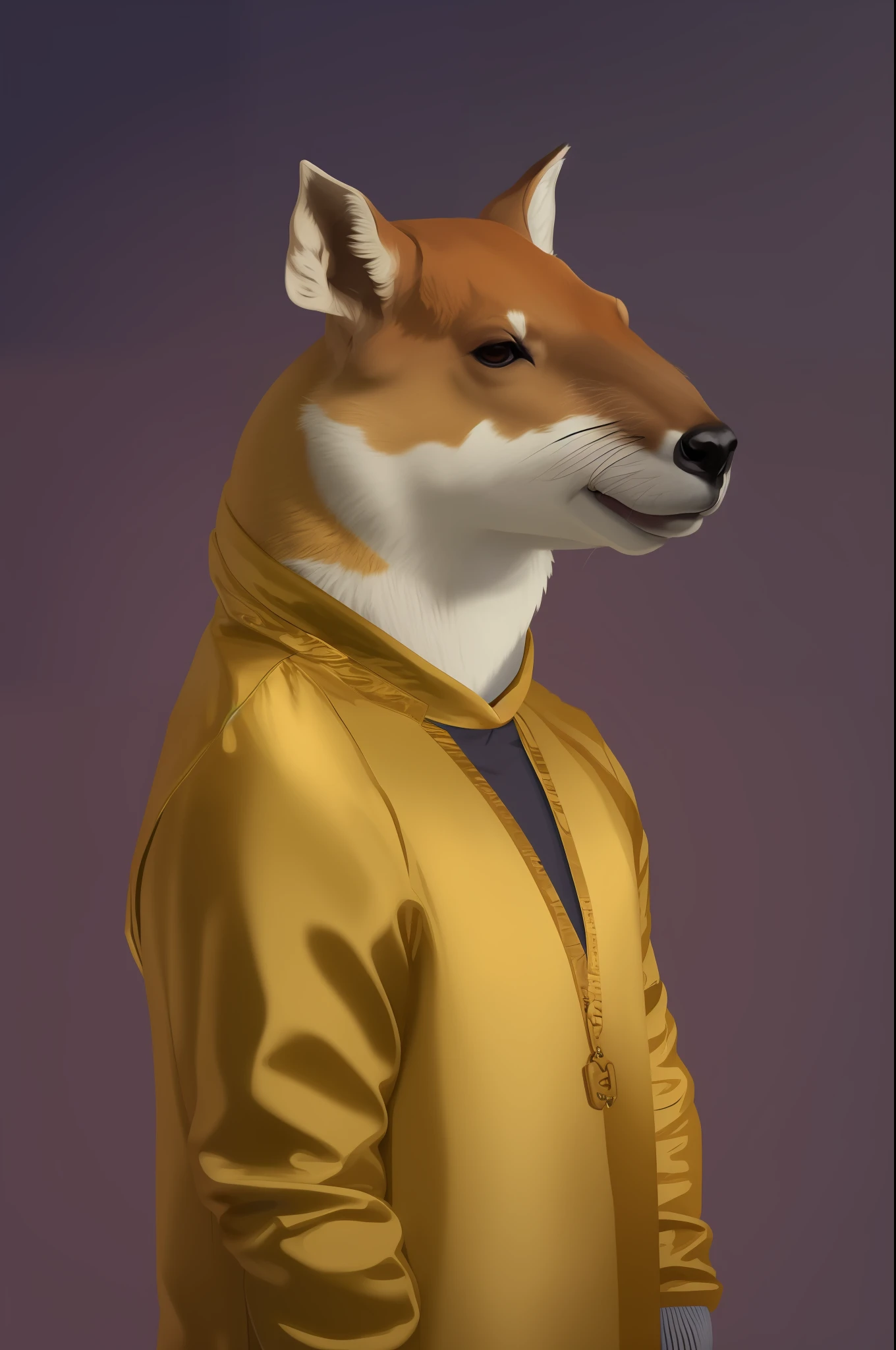 araffe in a gold jacket with a purple collar, digital art animal photo, an anthropomorphic deer, portrait of bojack horseman, anthropomorphic deer, spy kangaroo, subject : kangaroo, subject: kangaroo, anthropomorphic female deer, anthropomorphic badger, anthropomorphic deer female, a dingo mascot