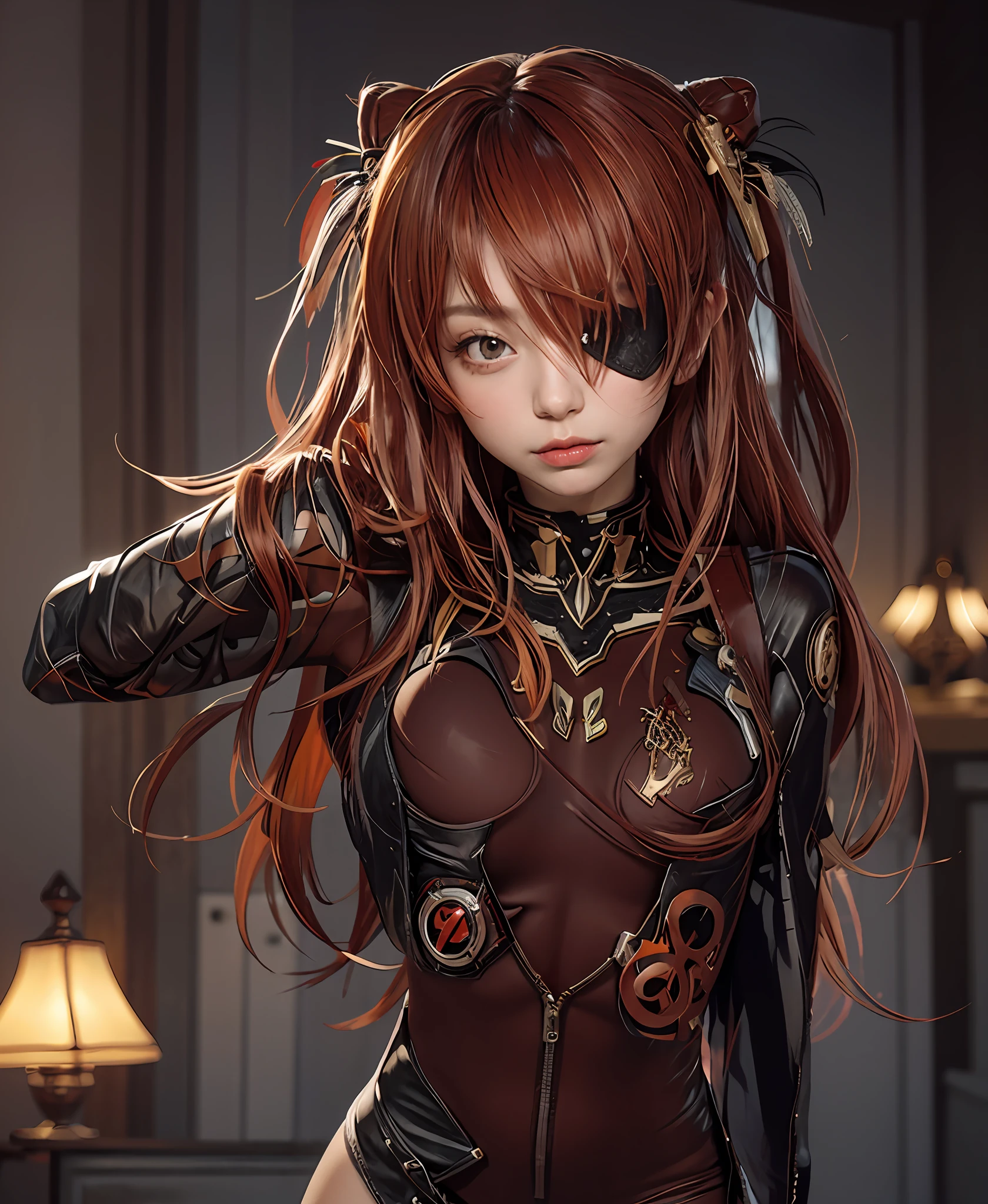 eye patch, orange hair, red bodysuit, red hair ornament