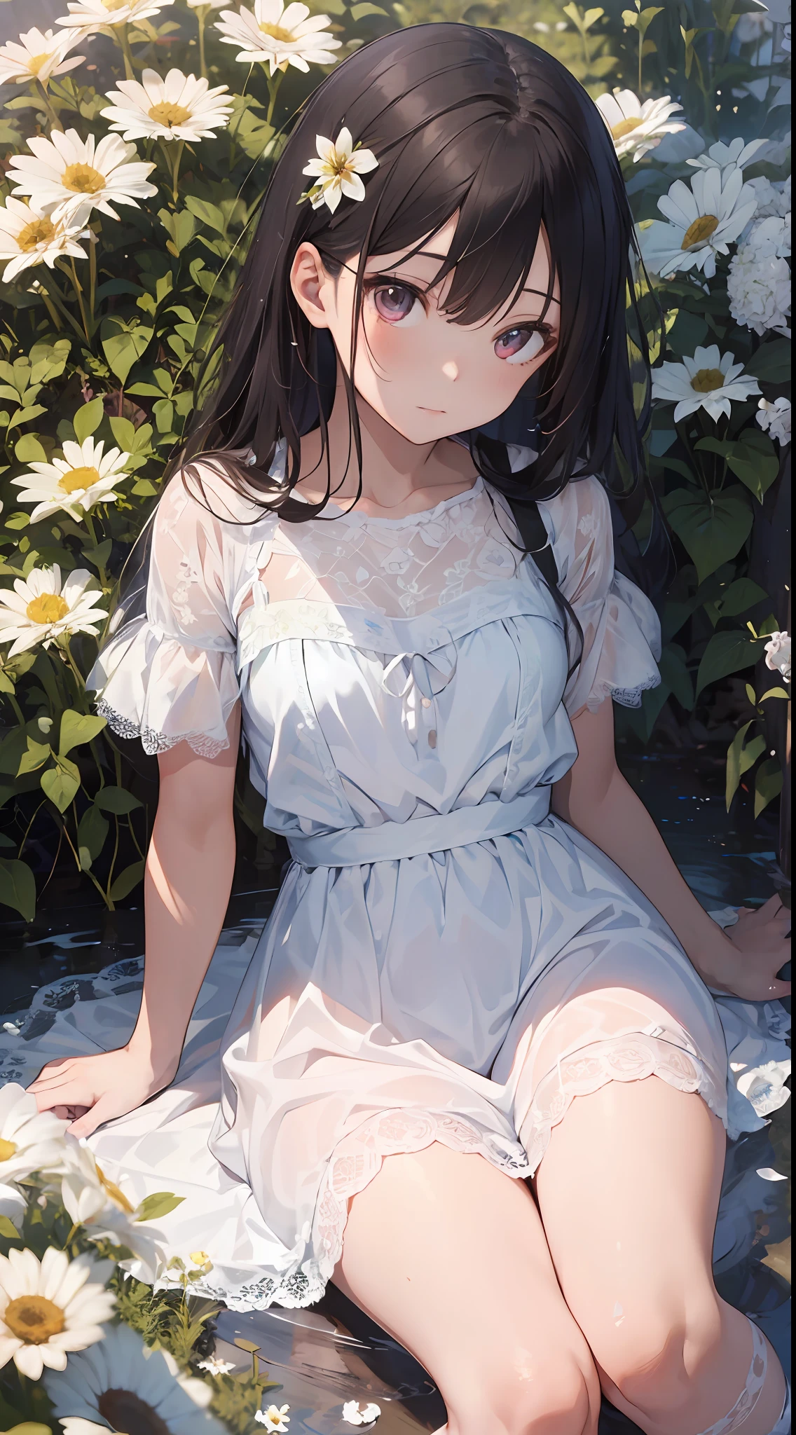 ((masterpiece, best quality)),(1girl, solo:1.4), silver hair, wine red eyes, from above, beautiful detailed eyes, vivid, cloudy sky, flower, awesome flower, daffodil, falling petals, sanshoku dango, hanami, picnic