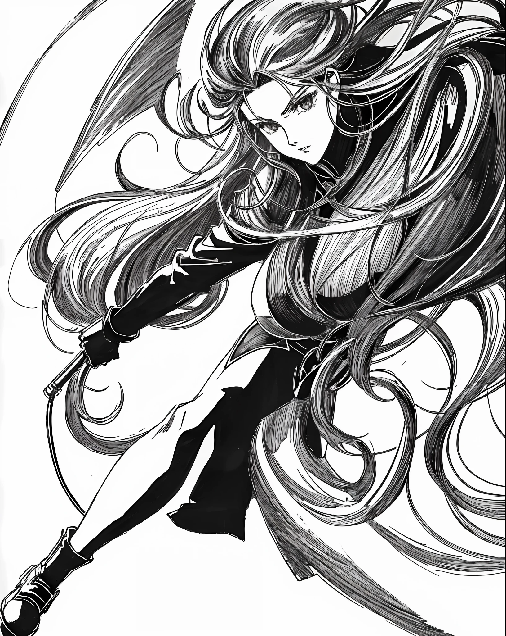 Anime masterpiece, a drawing of a woman with long hair and long hair, beauty in demon killer art, perfect anime body, long legs, big breasts, full body movement, 4K manga wallpaper, full body fighting pose, realistic light and shadow, beautiful line art, strong line art, ink art, brush art, Kentaro Miura manga art style, his manga full body portrait, Kentaro Miura's manga style, Shigeri Aishima illustration, highly detailed fine doujin art, Detailed comic style
