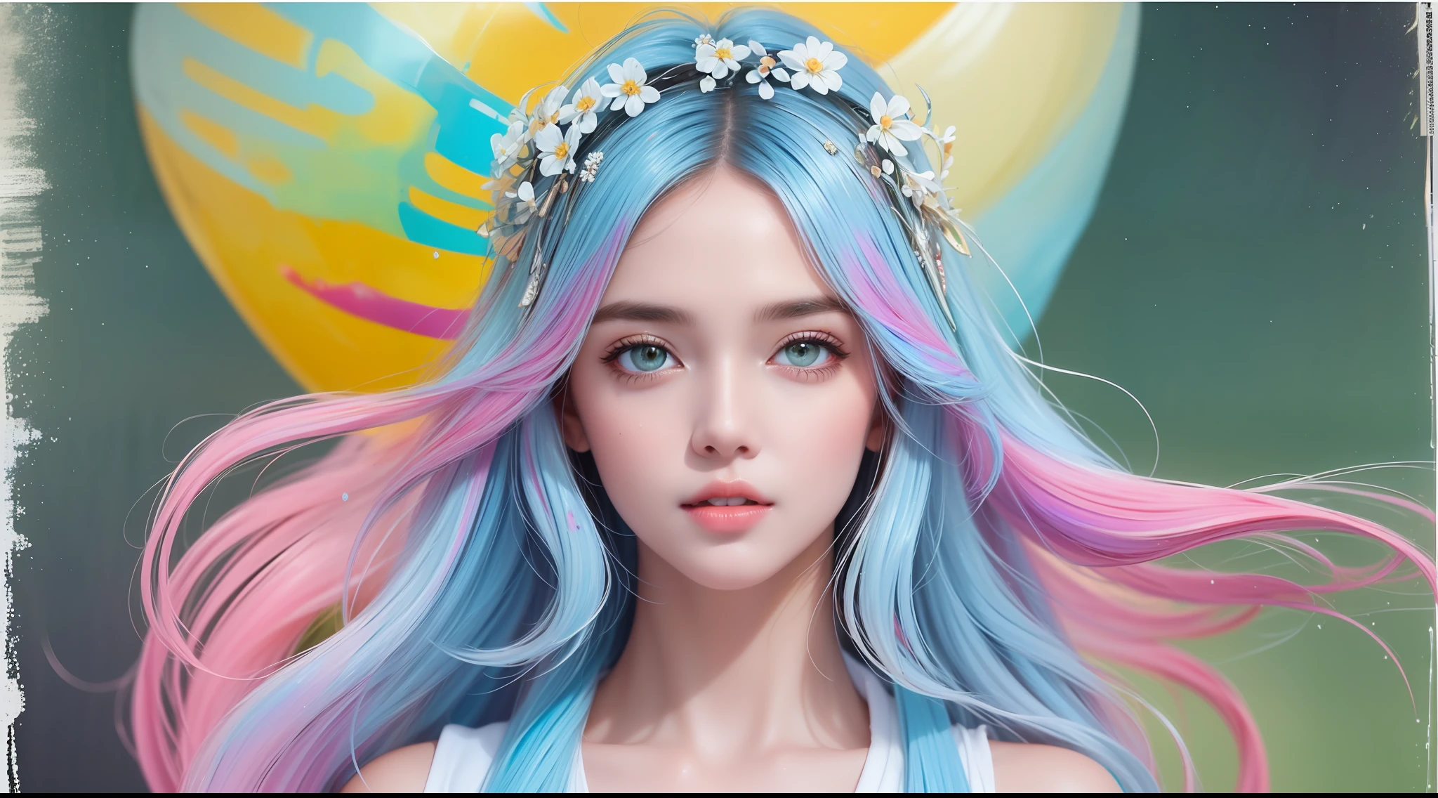 Masterpiece of the best quality, extremely complex: 1.5, absurd, royal sister, solo, furry fox ears, flower headdress, splashed paint, perfect eye makeup, delicate facial features, big eyes, orange lipstick, silver turquoise bangs, long curly hair, face paint, wearing colorful fashion summer colorful multicolored pattern T-shirt half sleeves, half figure, bust photo, warm background, hair all on display, amputation from the waist, blue, red, yellow, pink, gradient hair, {neon pink hair, Baby pink hair, Baby blue hair, Baby green hair, Baby yellow hair, }, Glow hair, Look at the audience, Side light, Shirt, Black eyes, White coat, Blurred background, Red lips, Upper body, Hands super detailed, Super short jeans, bangs, (((colorful balloon background)), collarbone, parted bangs, portrait, colorful splash ink background, (((splashed ink)) (color splash), standing painting, upper body, acrylic paint, 100% front, painting, oil painting, ((seven colored hair, Rainbow color hair)), gradient, paint, highest quality, highest quality, masterpiece, depth of field, wall full of colorful paint, gradient, exquisite CG, delicate and beautiful facial features, gorgeous highlight, crystal clear, absolutely beautiful, charming, shiny, perfect, ultra-clear, 16k (((medium view)))