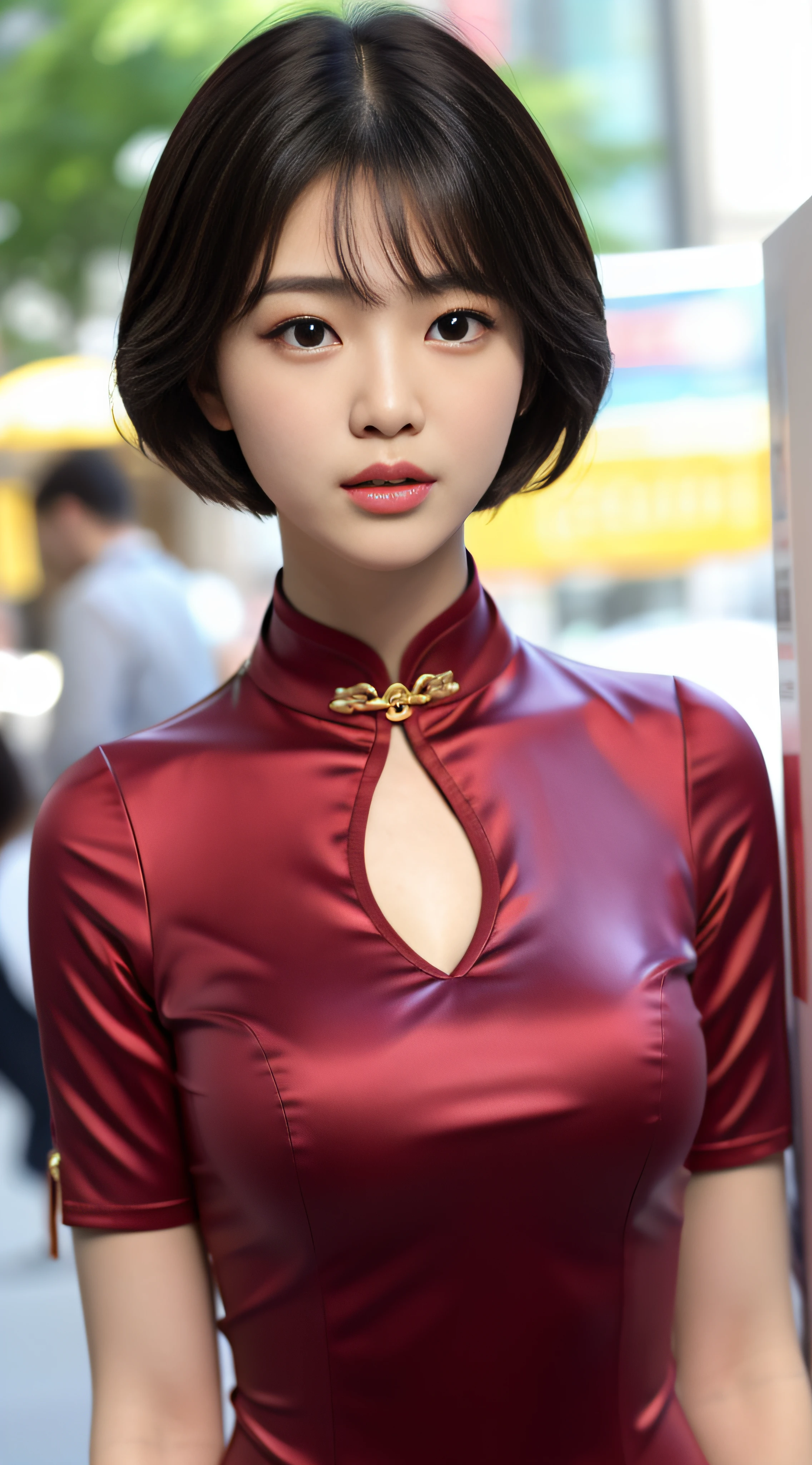 A beautiful girl, exquisite facial features, exquisite face, black Hong Kong style short hair, exquisite hairstyle, beautiful and pure, refined temperament, model figure, slim and slender figure, noble cheongsam, upper body close-up, 8k resolution, the highest picture quality, real texture 5.0, Cosmo Lady, street, chairman secretary, mature women, thin face