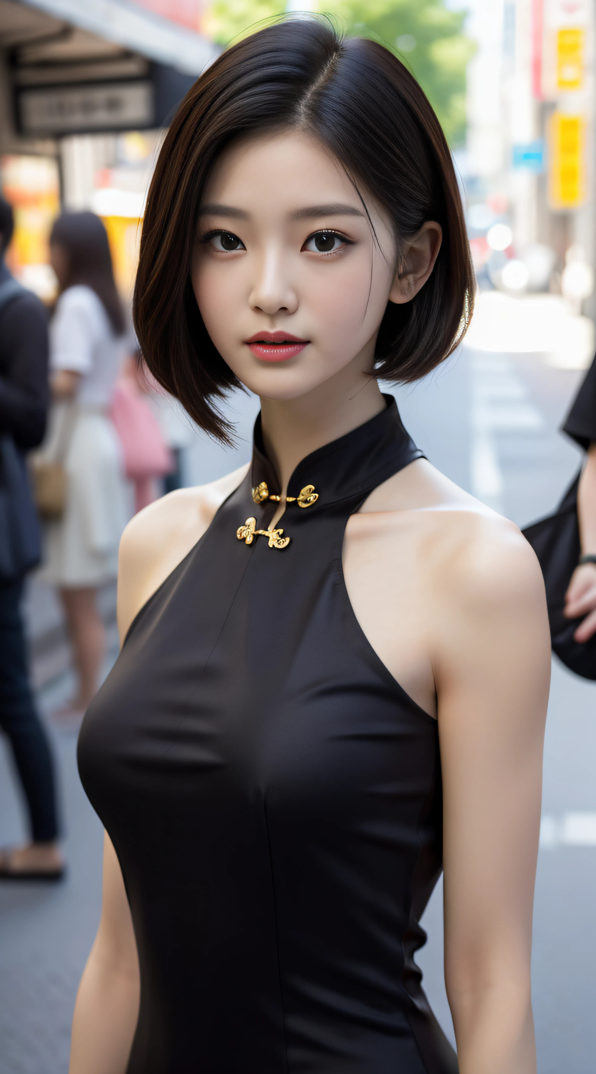 A beautiful girl, exquisite facial features, exquisite face, black Hong Kong style short hair, exquisite hairstyle, beautiful and pure, refined temperament, model figure, slim and slender figure, noble cheongsam, upper body close-up, 8k resolution, the highest picture quality, real texture 5.0, Cosmo Lady, street, chairman secretary, mature women, thin face