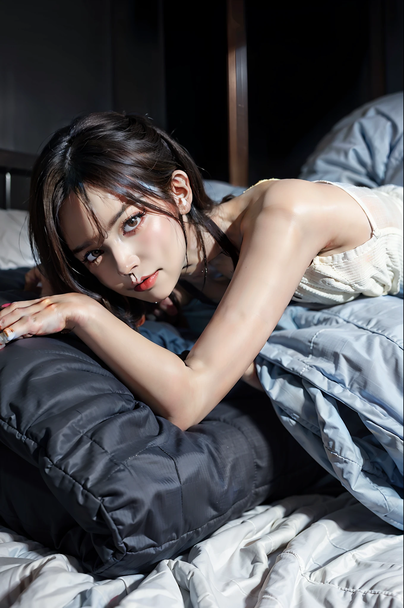 A handsome man with short hair, a beautiful woman with long hair lying on the bed