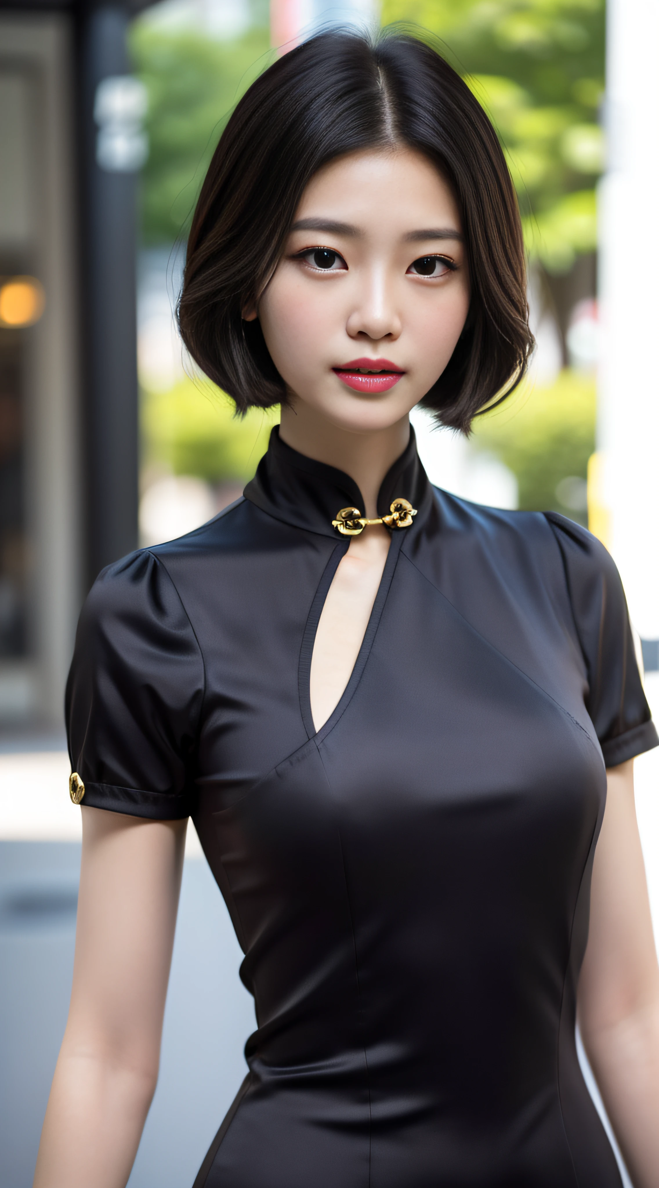 A beautiful girl, exquisite facial features, exquisite face, black Hong Kong style short hair, exquisite hairstyle, beautiful and pure, refined temperament, model figure, slim and slender figure, noble cheongsam, upper body close-up, 8k resolution, the highest picture quality, real texture 5.0, Cosmo Lady, street, chairman secretary, mature women, thin face