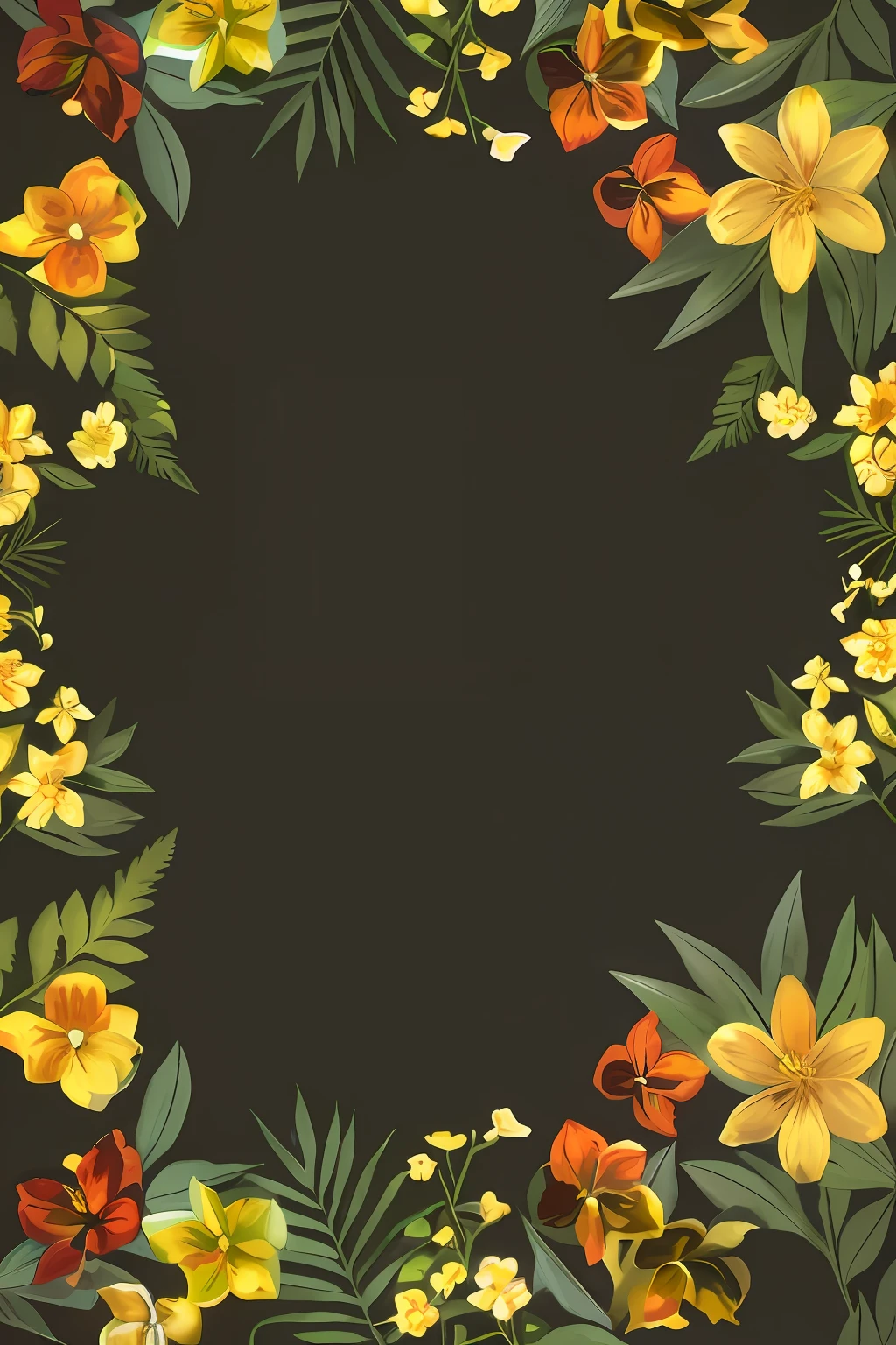 flower frame with close up of leaves and flowers, flower background, flower background, flower frame, flowers in background, blooming tropical flowers, flowers and leaves, tropical flowers, flower background, floral environment, background natural flowers, dark flower pattern wallpaper, plant background, made of flowers and leaves, surrounded flowers, black background, warm tones, Illustrations