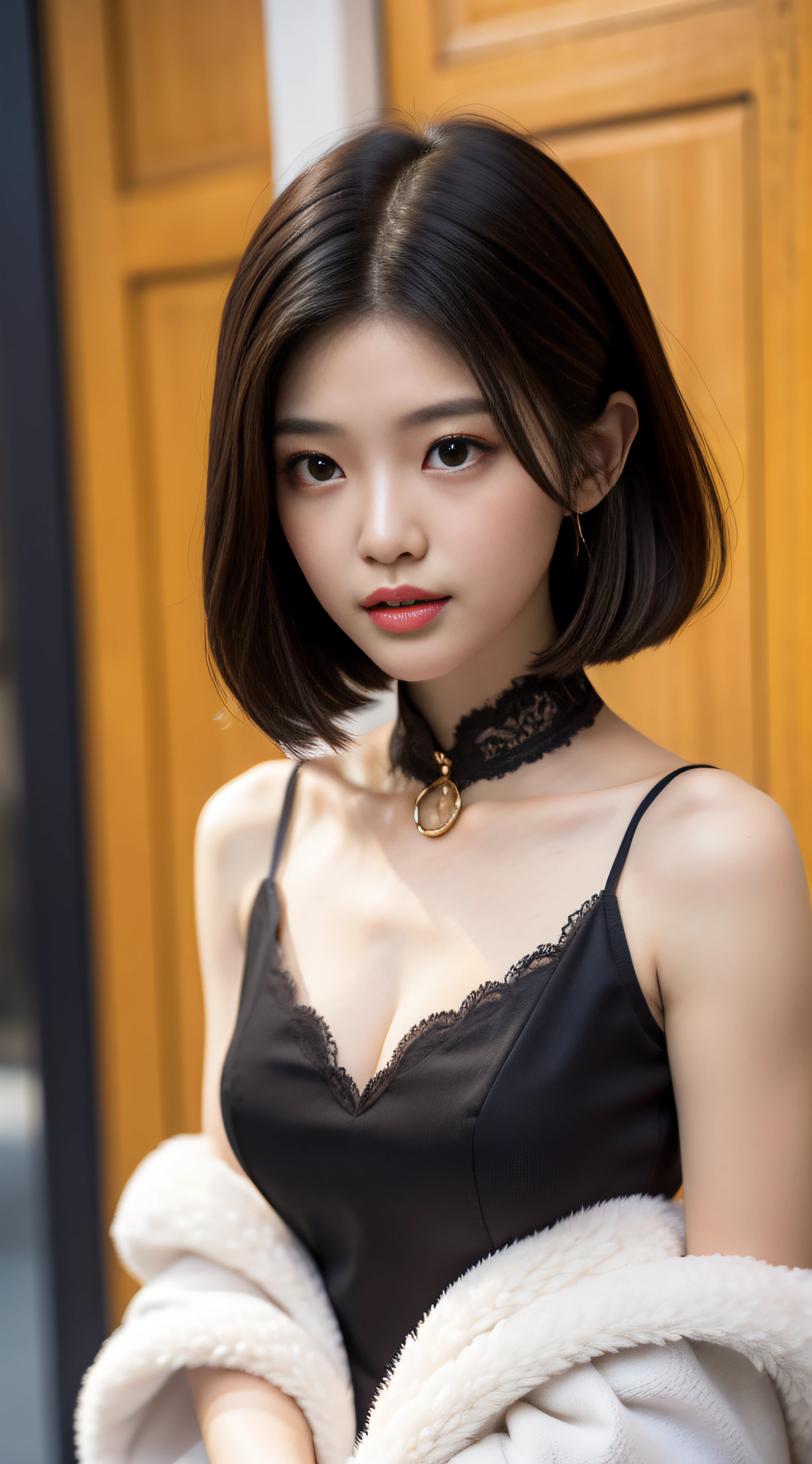 A beautiful girl, exquisite facial features, exquisite face, black Hong Kong style short hair, exquisite hairstyle, beautiful and pure, refined temperament, model figure, slim and slender figure, noble cheongsam, upper body close-up, 8k resolution, the highest picture quality, real texture 5.0, Cosmo Lady, street, chairman secretary, mature women, thin face