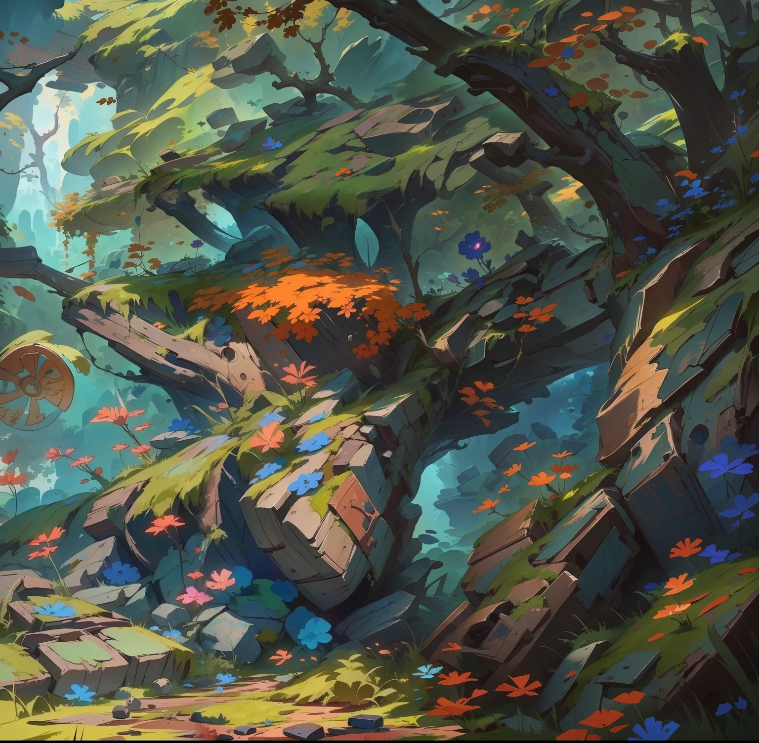 There is a picture of deep in the woods, detailed big tree trunk, trunk texture and moss, drawn as game concept art, background art, background artwork, 2D game environment design, 2D game art background, drawn in anime painter studio, stylized concept art, anime background art, independent game concept art, colorful concept art, landscape game concept art, digital painting concept art