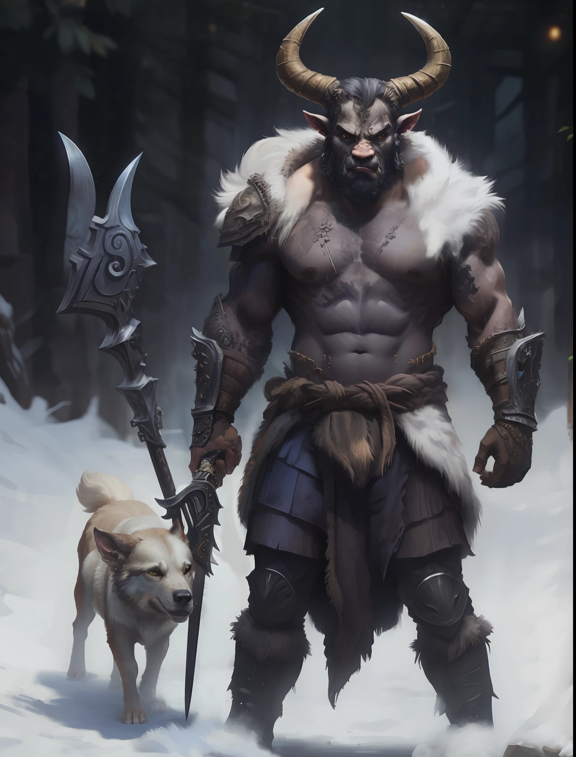 arafed man in armor with a horned head and a dog, fit male demon with white horns, fur-clad barbarian goliath, a minotaur wolf, minotaur in ancient armor, minotaur warrior with axe, minotaur warrior, frost giant, minotaur, viking berserker, hyperdetailed fantasy character, minotaur from path of exile