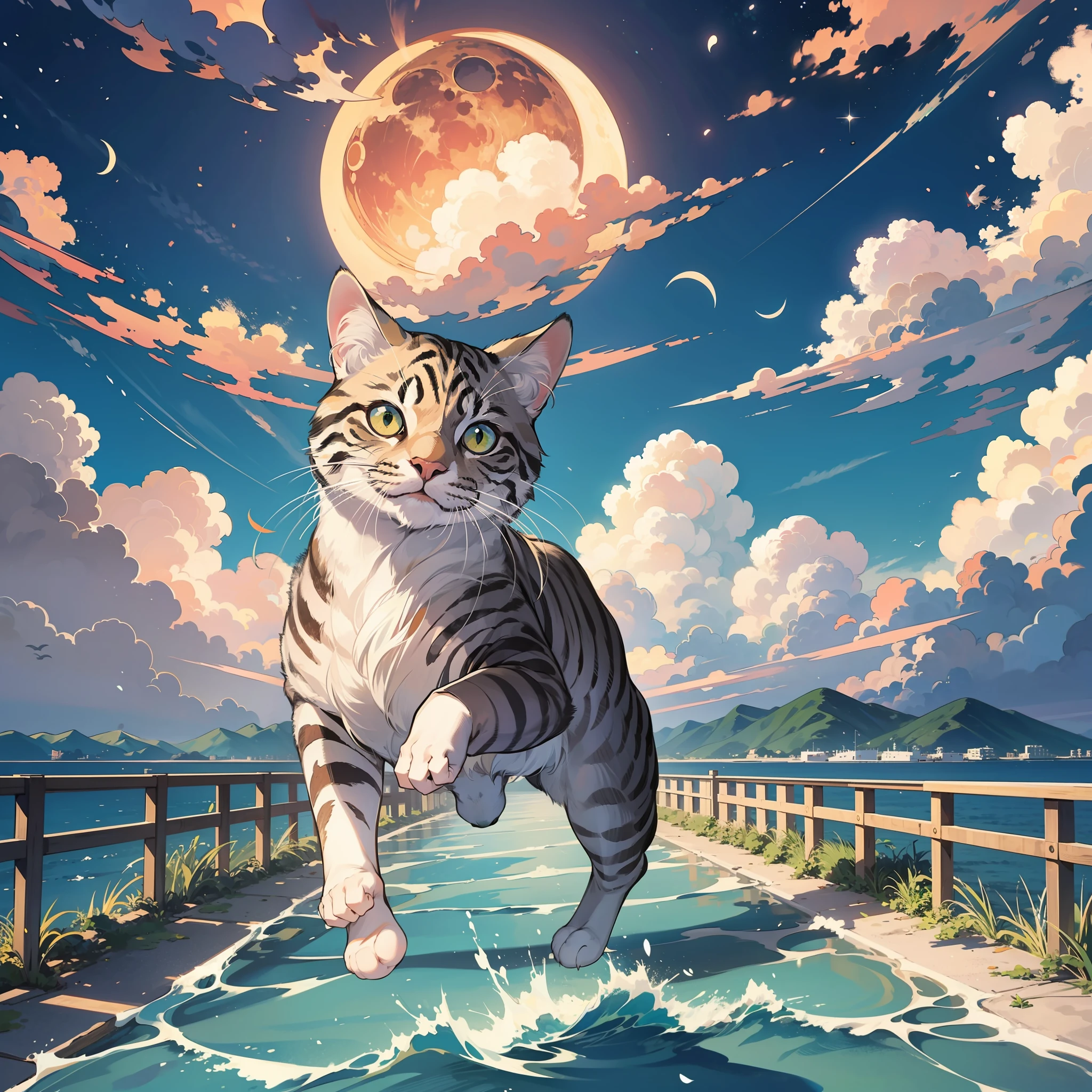 cat running in the sky, silver tabby, white crescent moon pattern on head, clouds, clouds, cloudy sky, outdoor, journey, sky, dusk, pleasant breeze, kagawa, seto inland sea, solo, full body, back view, animal, dynamic arrangement, dynamic angle, 8k, {{{masterpiece}}}},