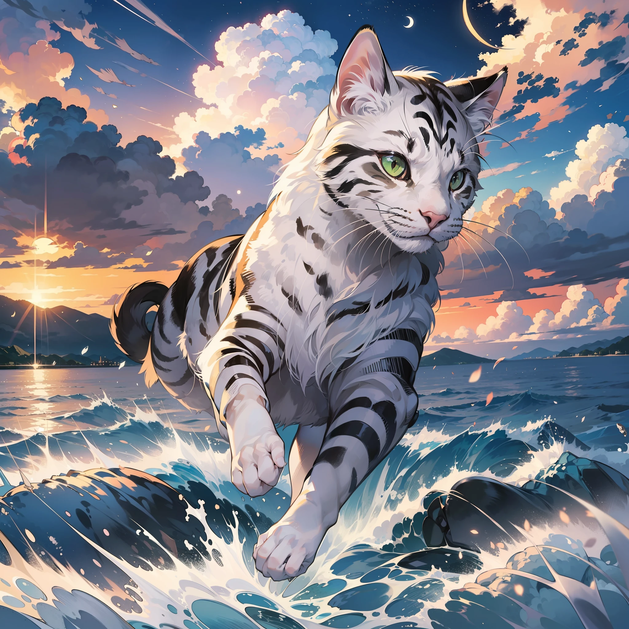 cat running in the sky, silver tabby, white crescent moon pattern on head, clouds, clouds, cloudy sky, outdoor, journey, sky, dusk, pleasant breeze, kagawa, seto inland sea, solo, full body, back view, animal, dynamic arrangement, dynamic angle, 8k, {{{masterpiece}}}},