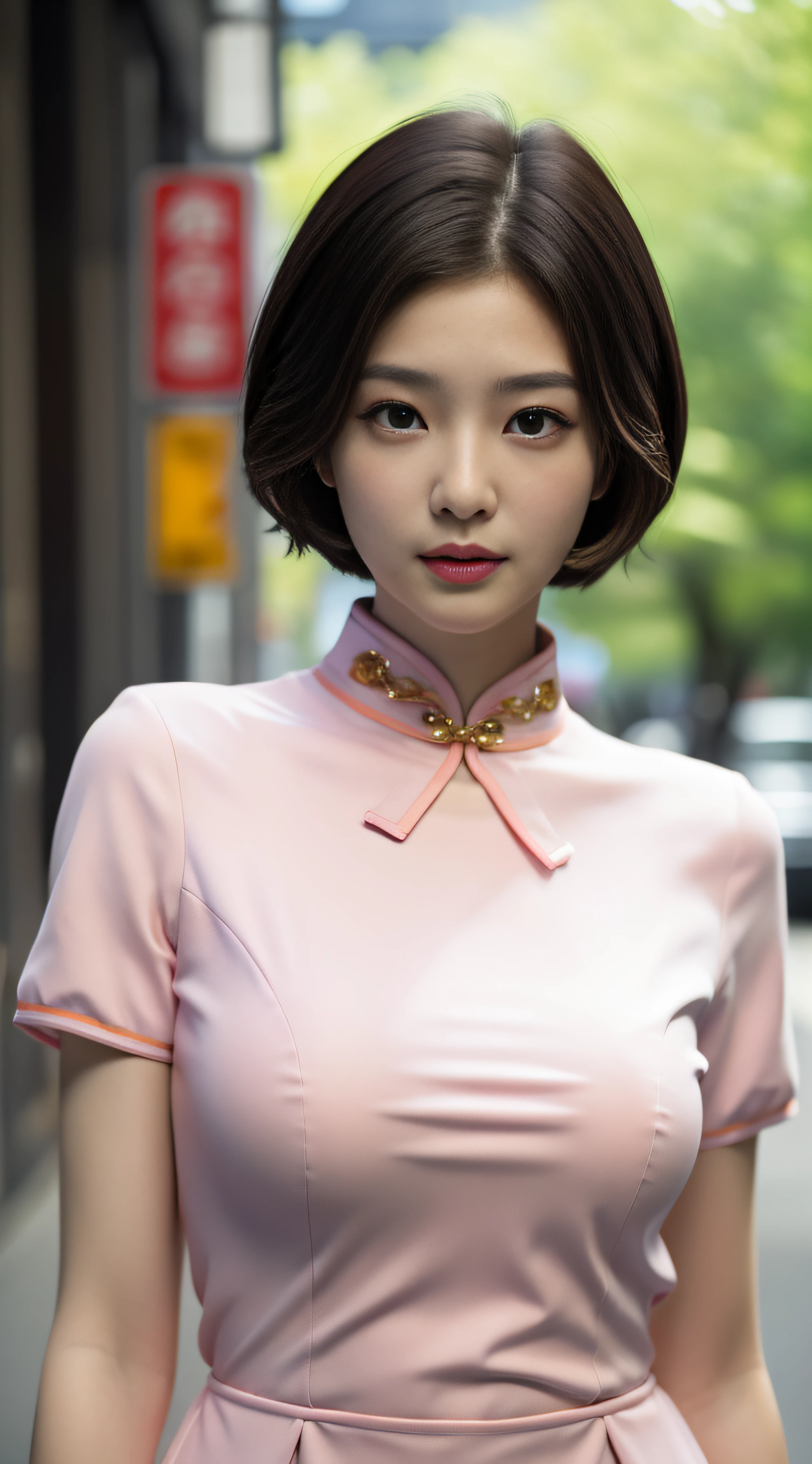 A beautiful girl, exquisite facial features, exquisite face, black Hong Kong style short hair, exquisite hairstyle, beautiful and pure, refined temperament, model figure, slim and slender figure, noble cheongsam, upper body close-up, 8k resolution, the highest picture quality, real texture 5.0, Cosmo Lady, street, chairman secretary, mature women, thin face