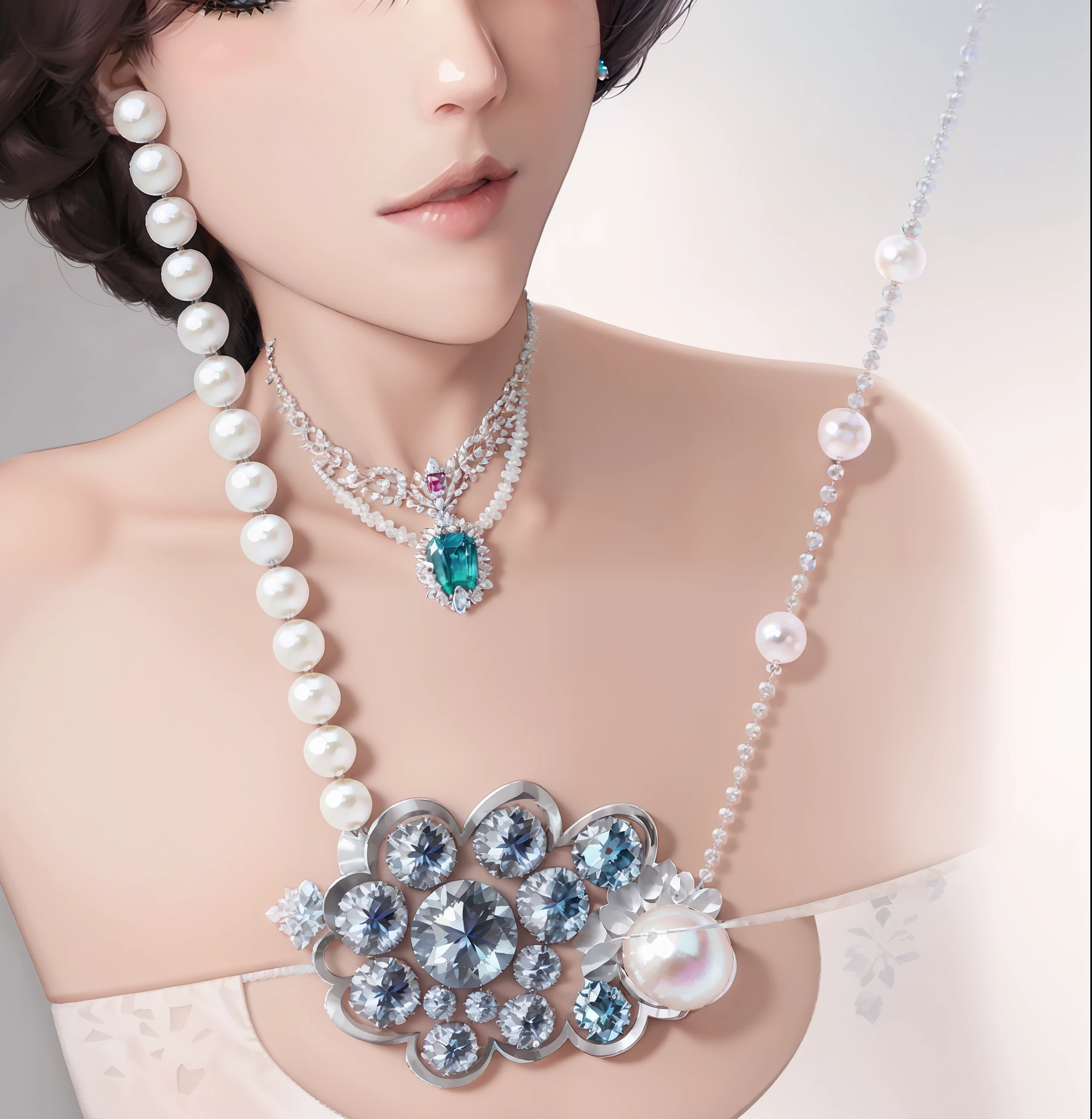Close up of a necklace with a sheep, jewelry design, jewelry pearl, luxury necklace, necklace, Swarovski, pearl necklace, Van Cleef & Arpels style, top with sparkling gemstones, jewelry, digital rendering, Killua Zoldyck made by Juleri, jewelry lighting, made with illustrators, small necklace