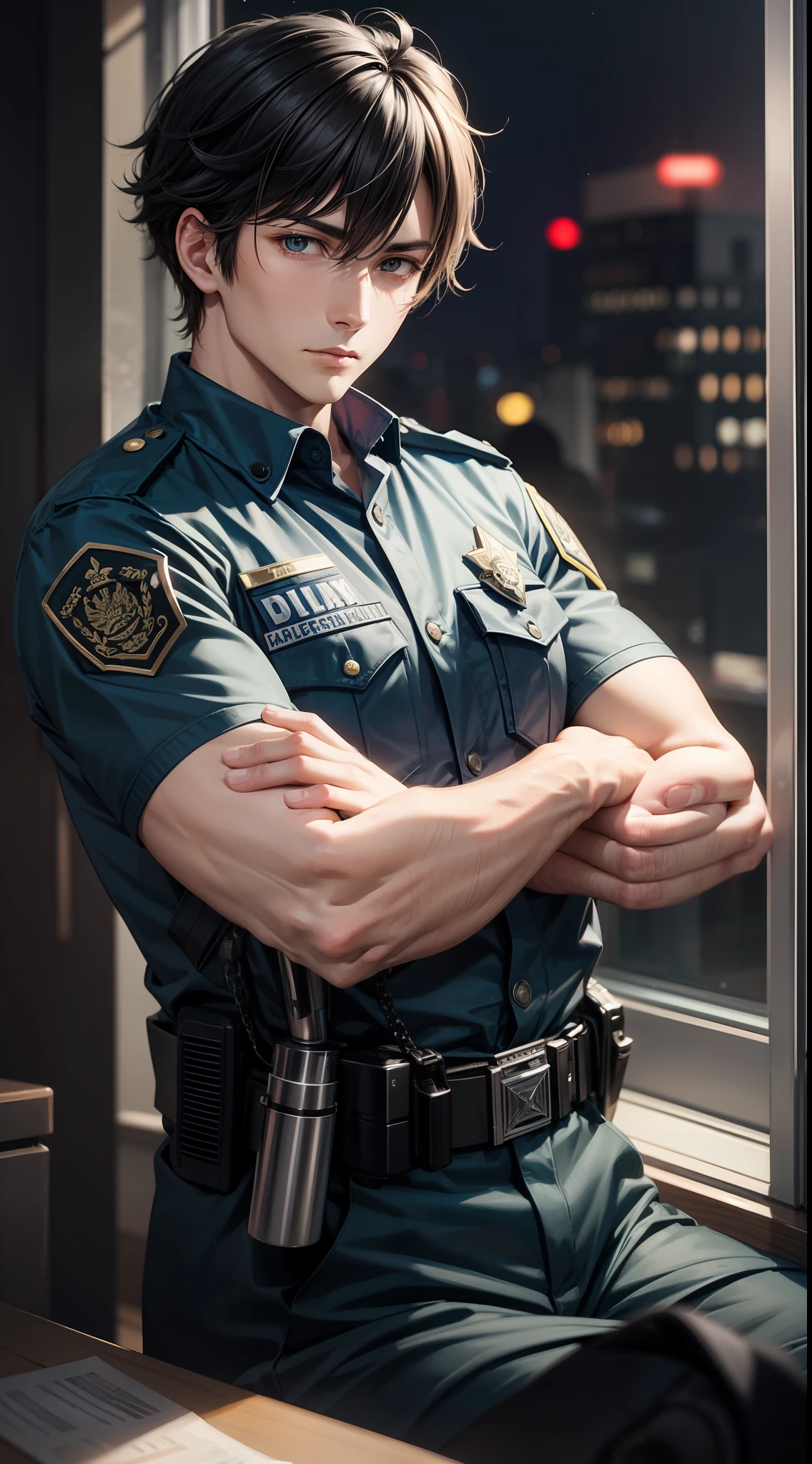Male policeman standing by the window, facing the camera, Japanese anime style, at night, at home