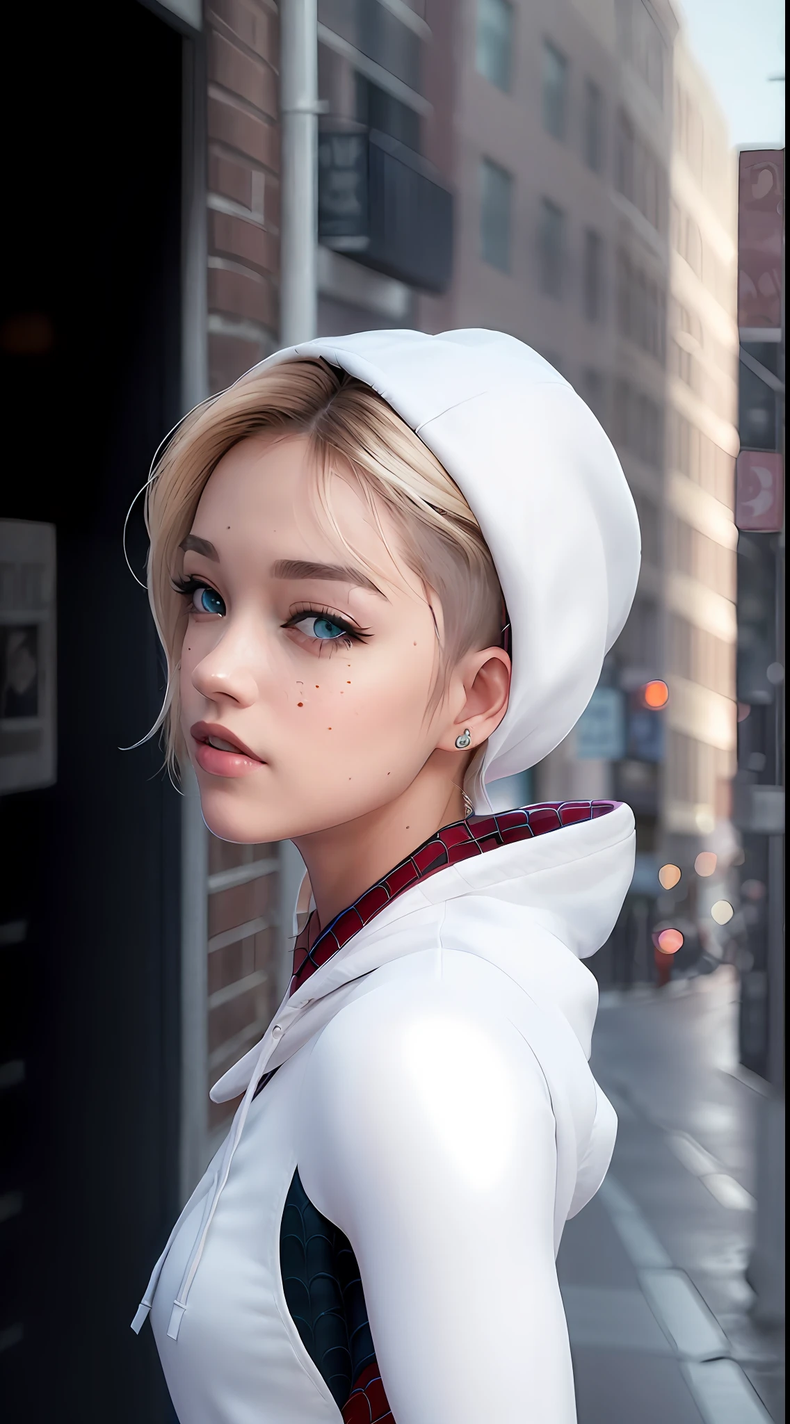 (masterpiece), ((best quality)), parted lips, light_smile, cinematic lighting, ultra-realistic, ((realistic)), (gwen_stacy), blonde_hair, short_hair, solo, sidecut, asymmetrical_hair, parted_lips, eyebrow_piercing, (detailed face), beautiful 1girl, 1girl, looking at viewer, (beautiful detailed eyes), bodysuit, spider-suit, white hoodie, hood_down, portrait, upper_body, (side of head shaved), (large breasts)