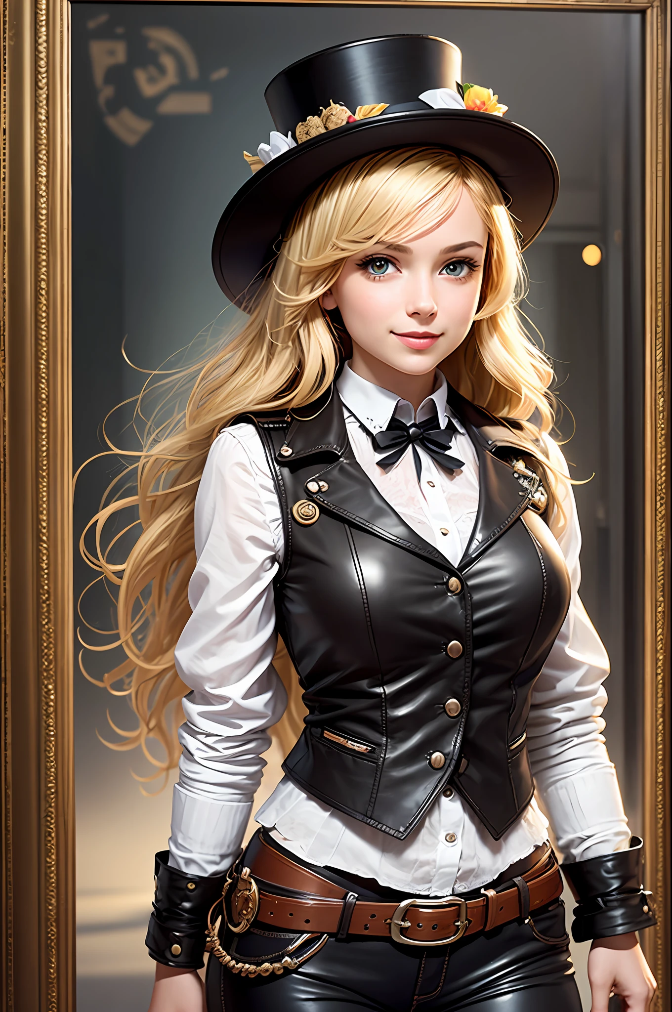 Clock and gear room, long blonde fringed hair, brown eyes, 1 girl, top hat, smile, innocence, white blouse, leather vest, leather pants, 100mm lens, (photorealistic, lens flare: 1.4), look right, (intricate details: 1.2), (masterpiece, : 1.3), (best quality: 1.4), (ultra high definition: 1.2), (detailed eyes), ( Detailed facial features), HDR, 8k resolution, (stethoscope), far view, floor reflection, low cut open cross